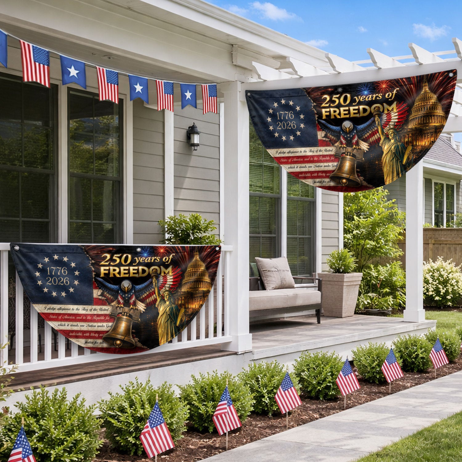 250th Anniversary US Fence Flag 1776-2026 Patriotic US Capitol Statue of Liberty Banner