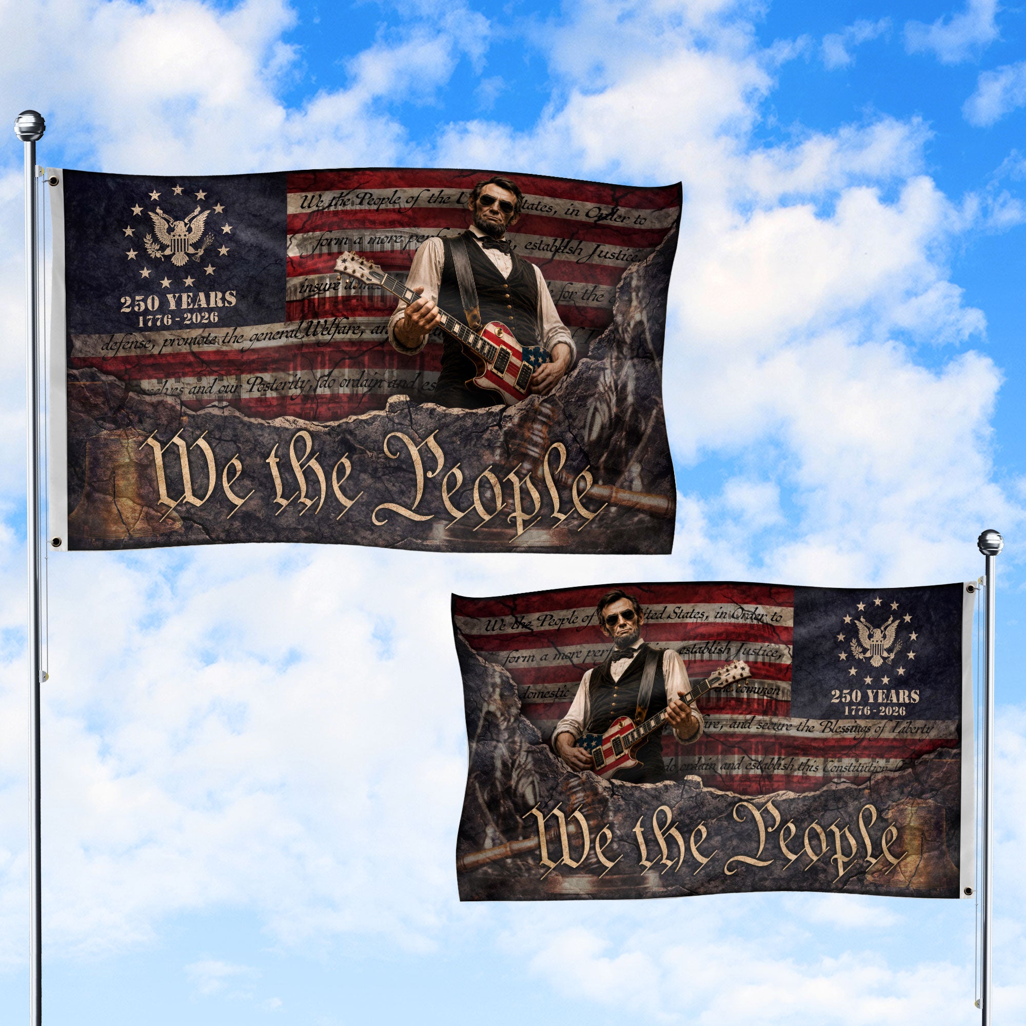 250 Years of Freedom Flag 1776-2026 Abraham Lincoln Guitar Bald Eagle Patriotic US Banner