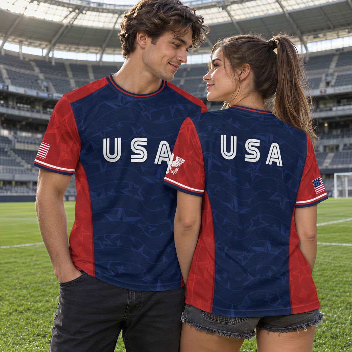 Navy Orange USA Soccer Jersey Men Patriotic Stars Stripes American Football Shirt Fan Gear - Rust Field Wear