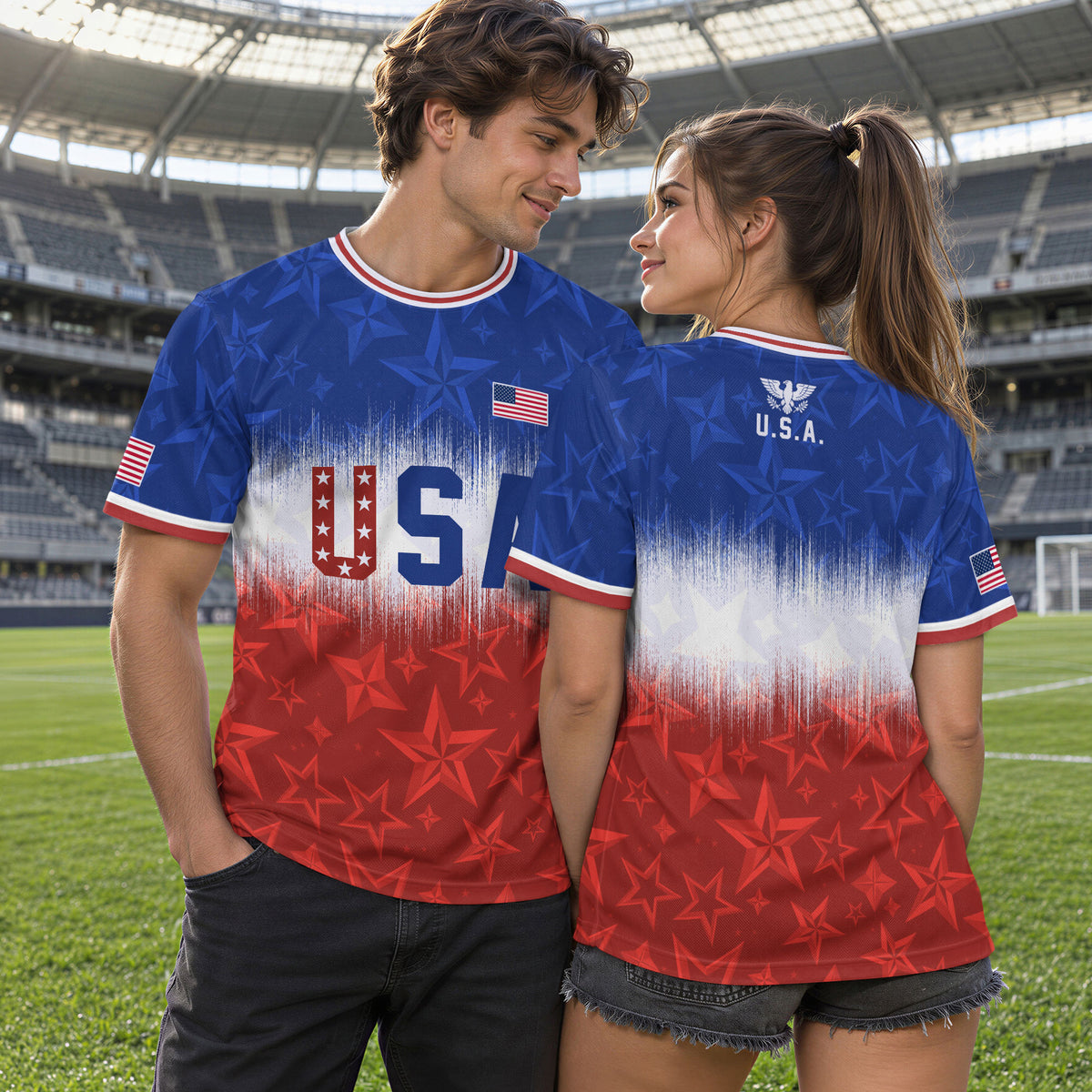 Navy Orange USA Soccer Jersey Patriotic Stars Stripes American Football Shirt Fan Apparel Tee - Rust Field Wear