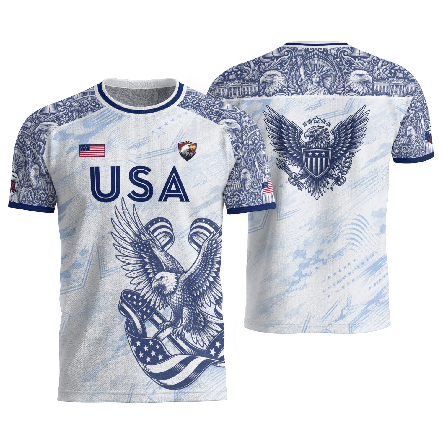 Athletic White Blue USA Soccer Jersey Adult Patriotic Eagle United States Team Shirt