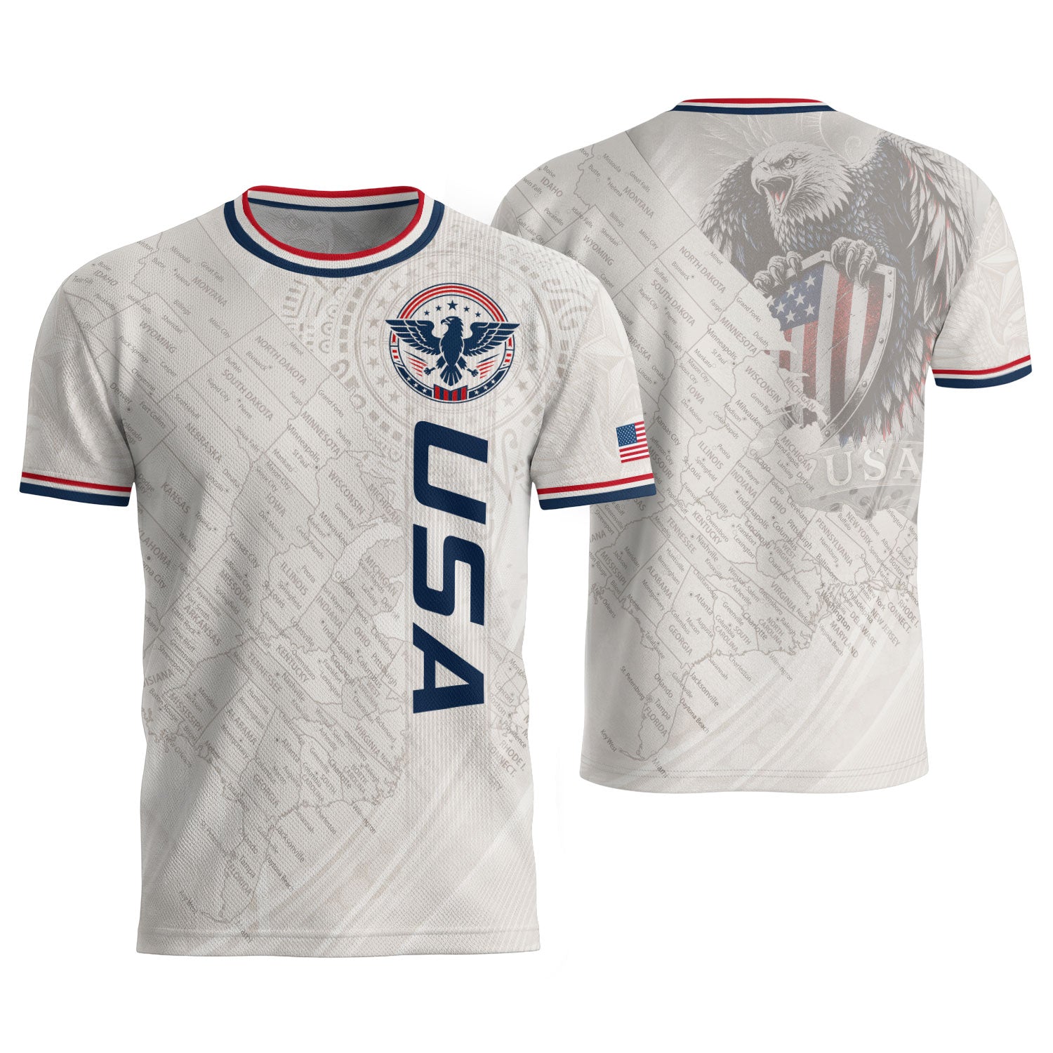 USA Soccer Jersey White US Map American Flag Shirt Patriotic Eagle Soccer Fan Tee