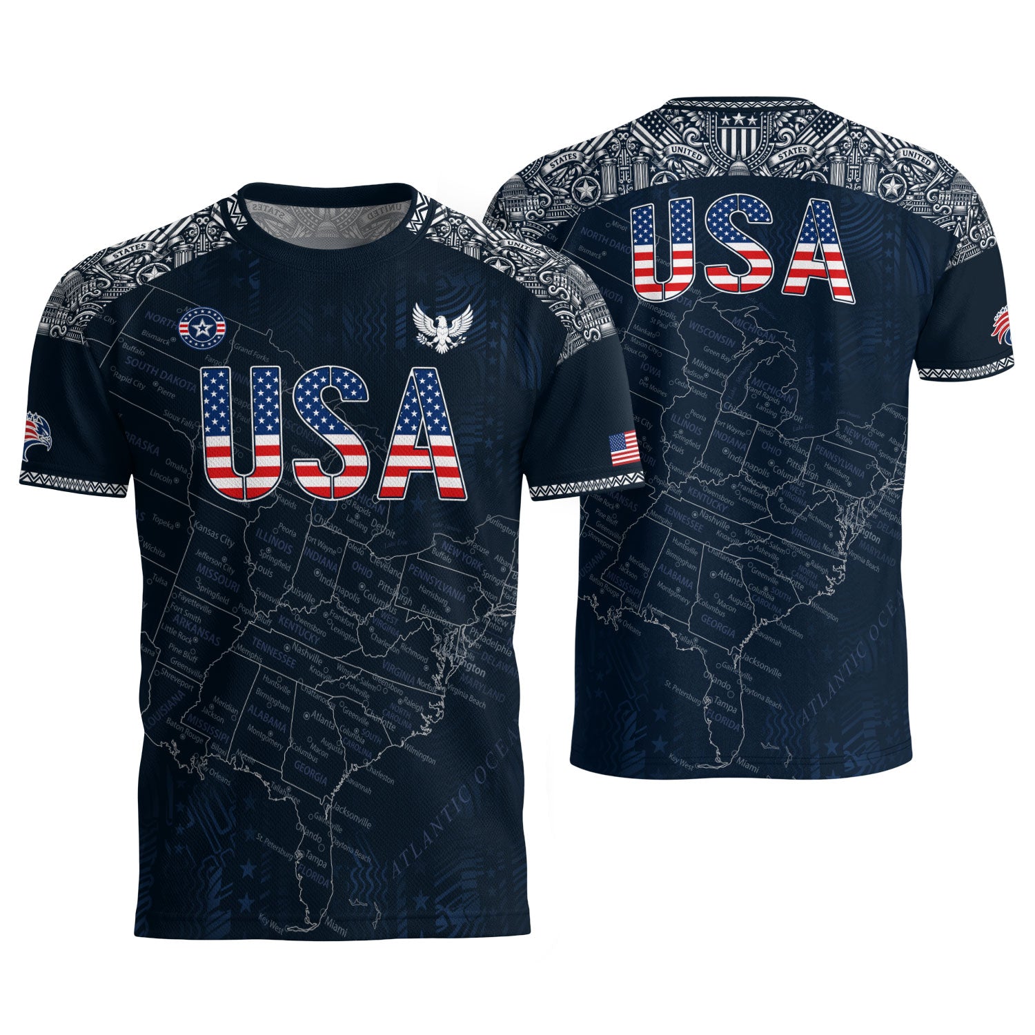 Navy USA Soccer Jersey Flag Pattern US Map American Shirt Patriotic Stars Stripes