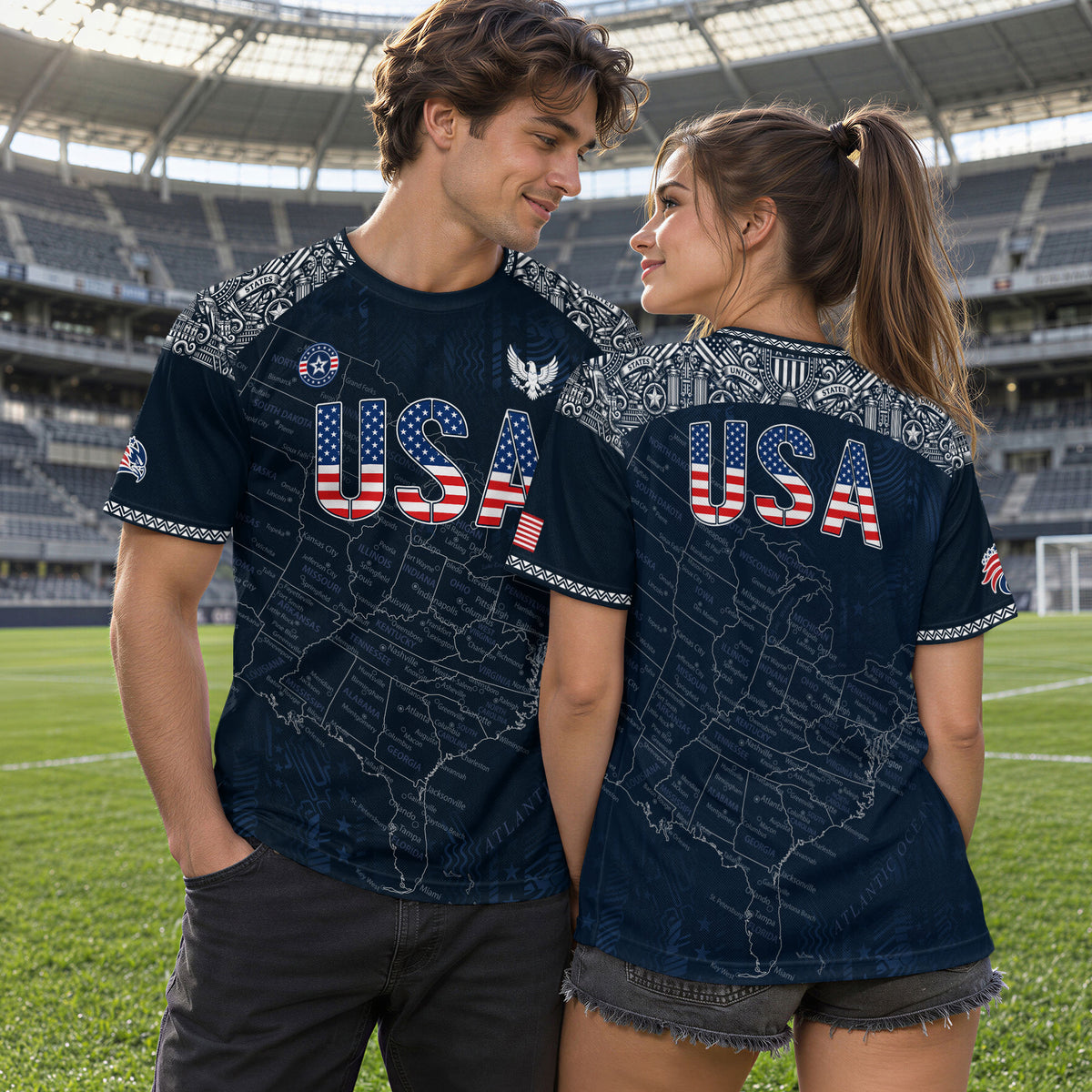 Navy USA Soccer Jersey Flag Pattern US Map American Shirt Patriotic Stars Stripes - Rust Field Wear