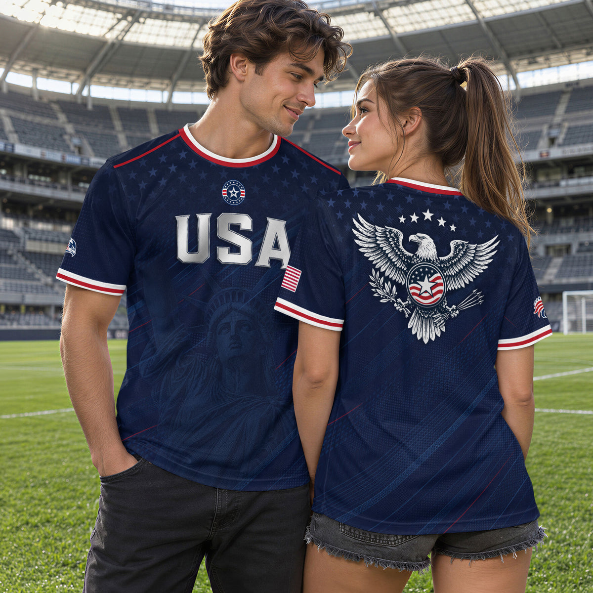 Navy USA Soccer Jersey Men Patriotic United States Football Shirt Silver USA Text Gift - Rust Field Wear