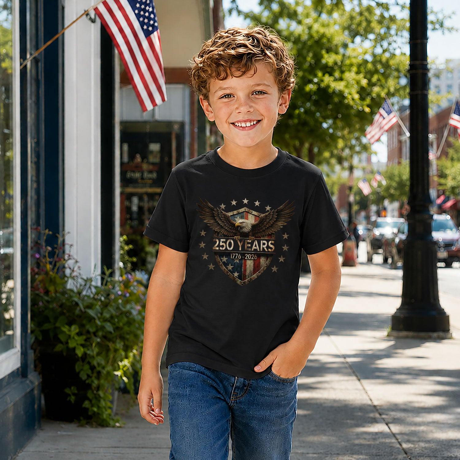 250 Years Kids T-Shirt 1776–2026 Patriotic Eagle Shield American Youth Tee