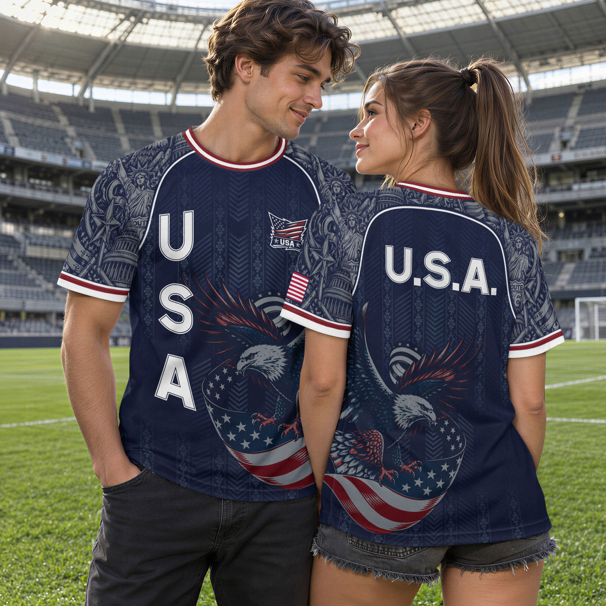 Navy Blue USA Soccer Jersey Bald Eagle Football Shirt Patriotic American Flag Sports Fan Apparel for Men - Rust Field Wear