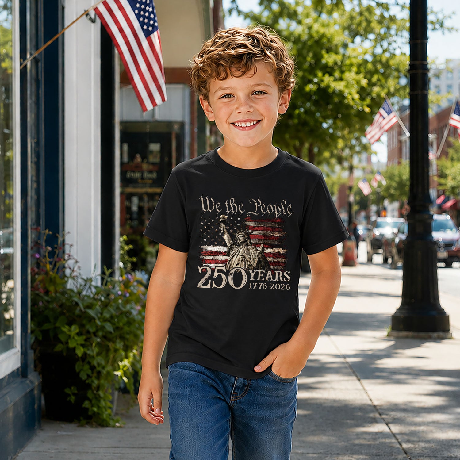 Kids 250 Years T-Shirt Statue of Liberty We The People Patriotic American Flag Tee