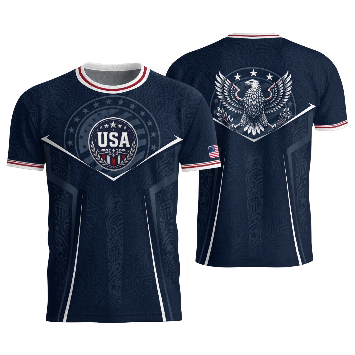 USA Soccer Jersey Navy Blue American Flag Shirt Patriotic Eagle Shield Fan Tee