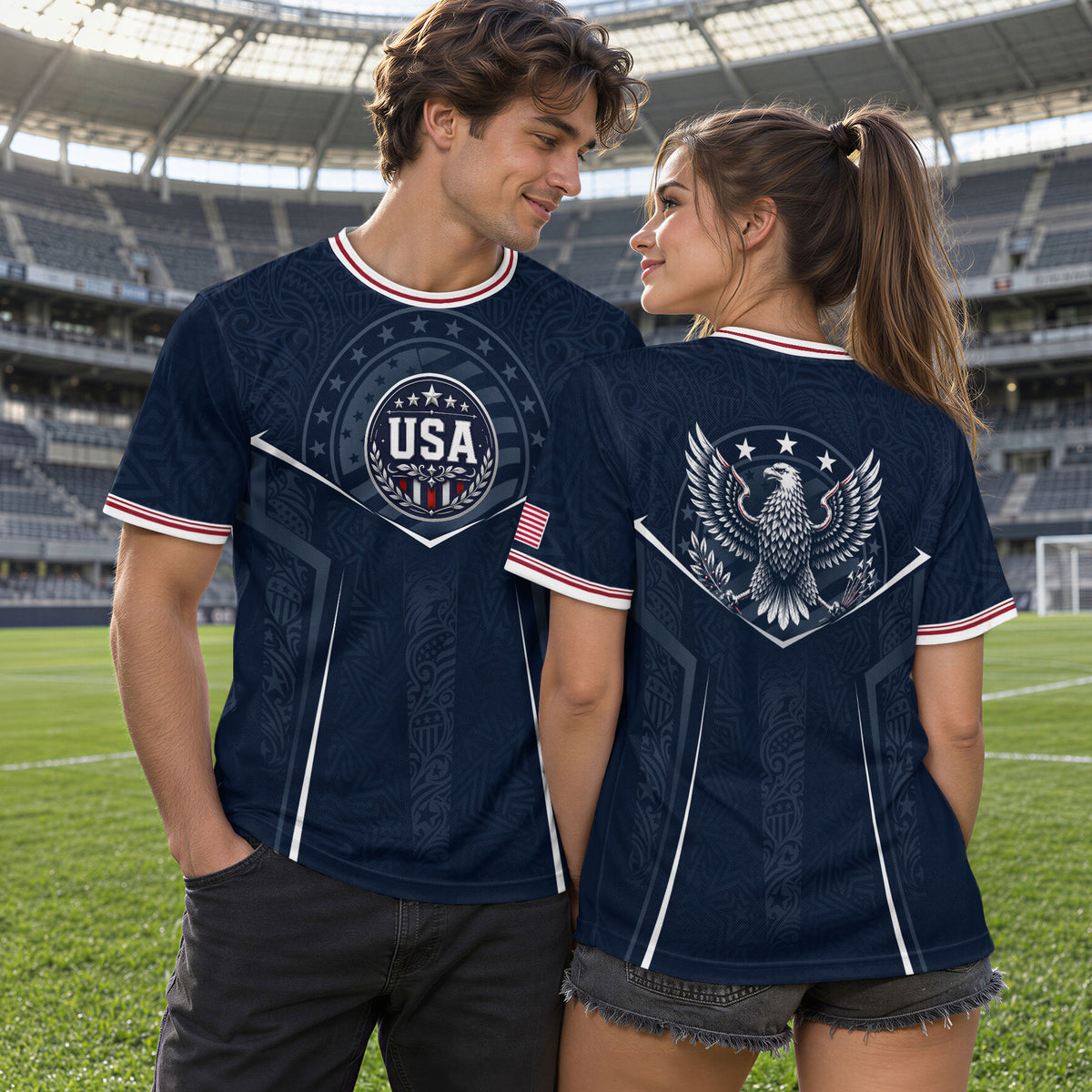 USA Soccer Jersey Navy Blue American Flag Shirt Patriotic Eagle Shield Fan Tee - Rust Field Wear