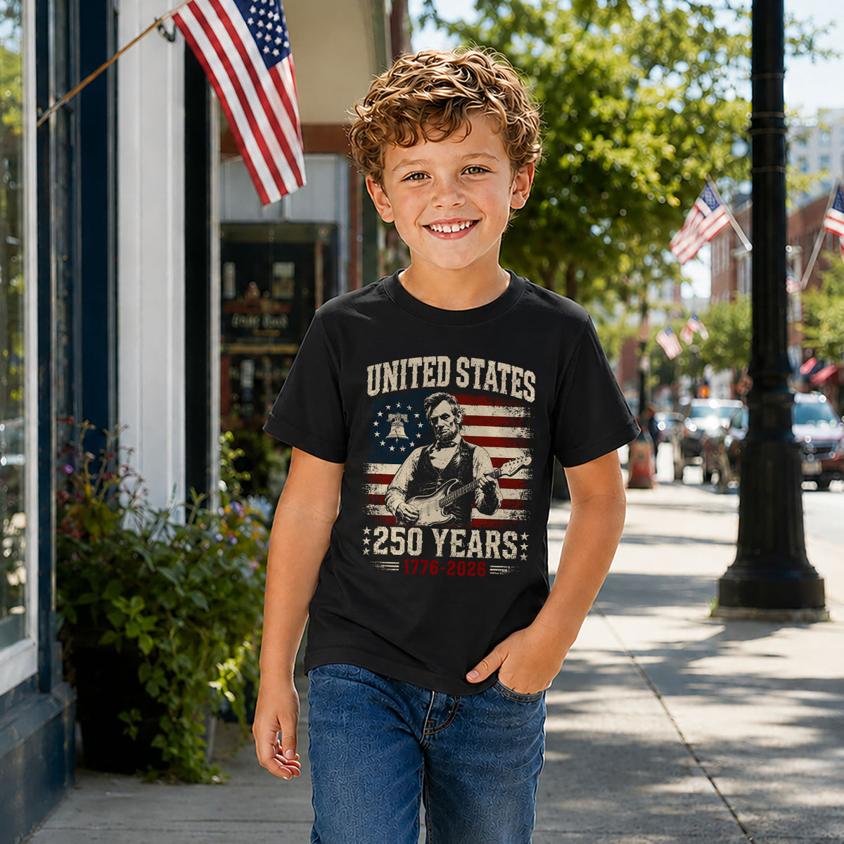 T-Shirt Kid Patriotic 1776-2026 America 250 Years Abraham Lincoln Guitar Children Shirt - Rust Field Wear