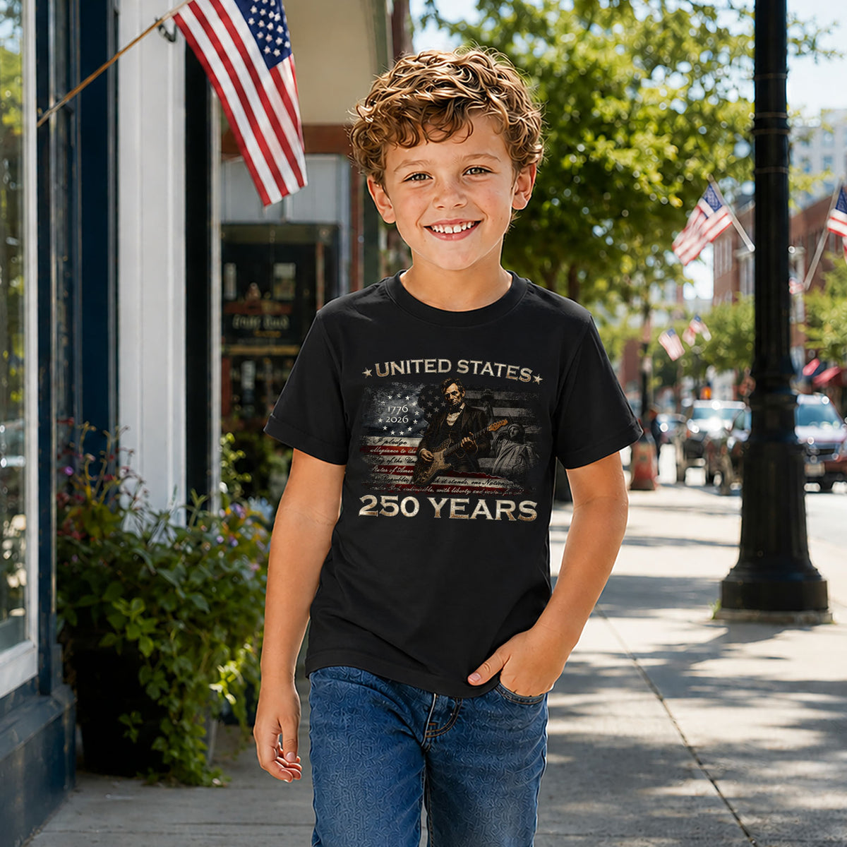 Kids America 250 Years T-Shirt 1776–2026 Lincoln Patriotic Guitar Youth Tee - Rust Field Wear