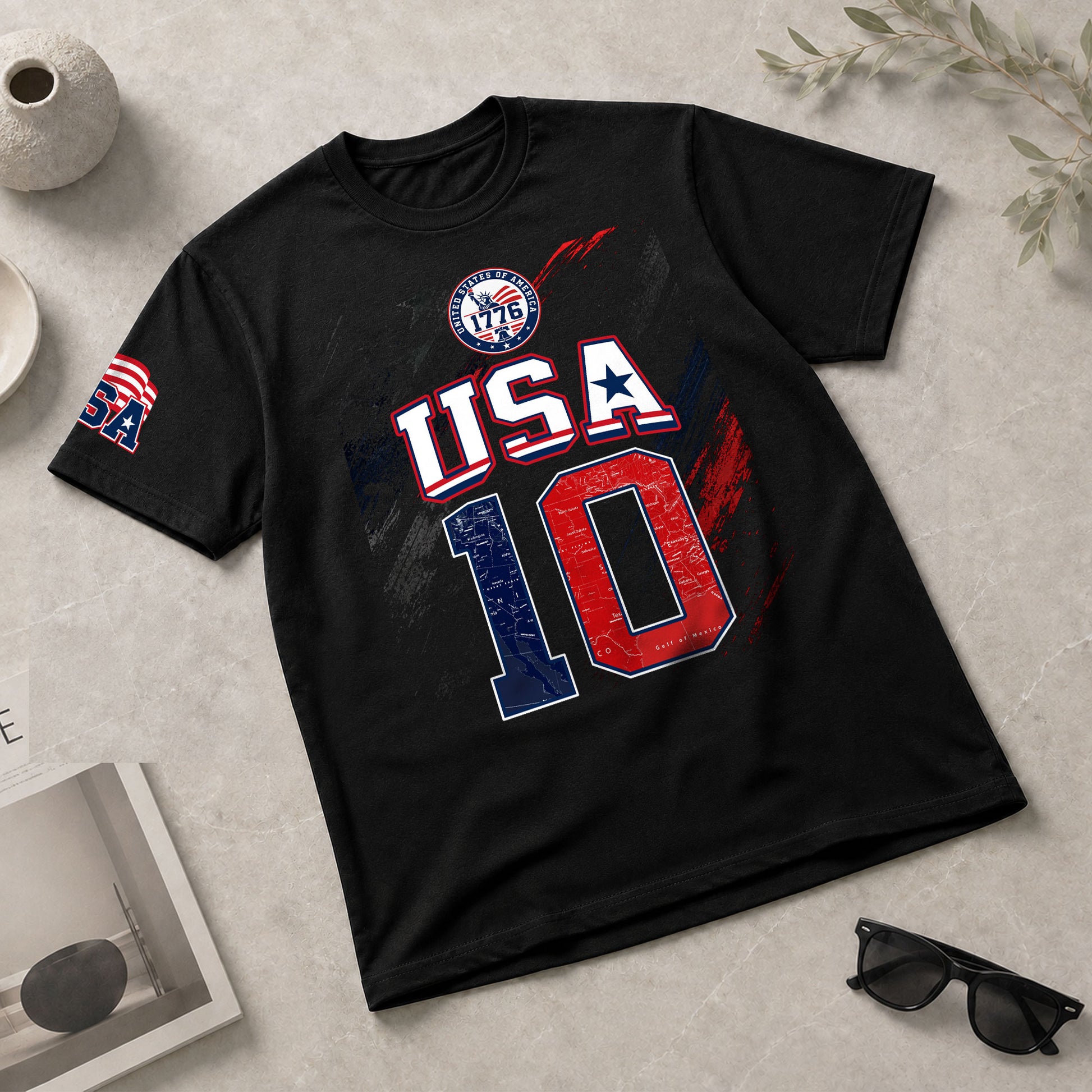 USA 1776 Sport Graphic Tee Patriotic Number 10 Map Design Casual Short Sleeve Shirt - Rust Field Wear