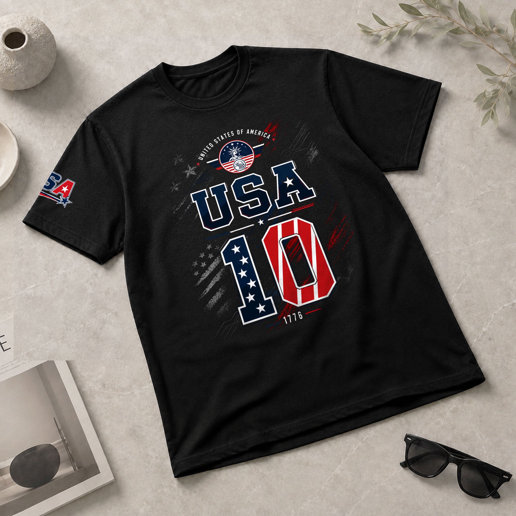USA 1776 Sport Shirt Patriotic Number 10 Design American Heritage Graphic Tee Top - Rust Field Wear