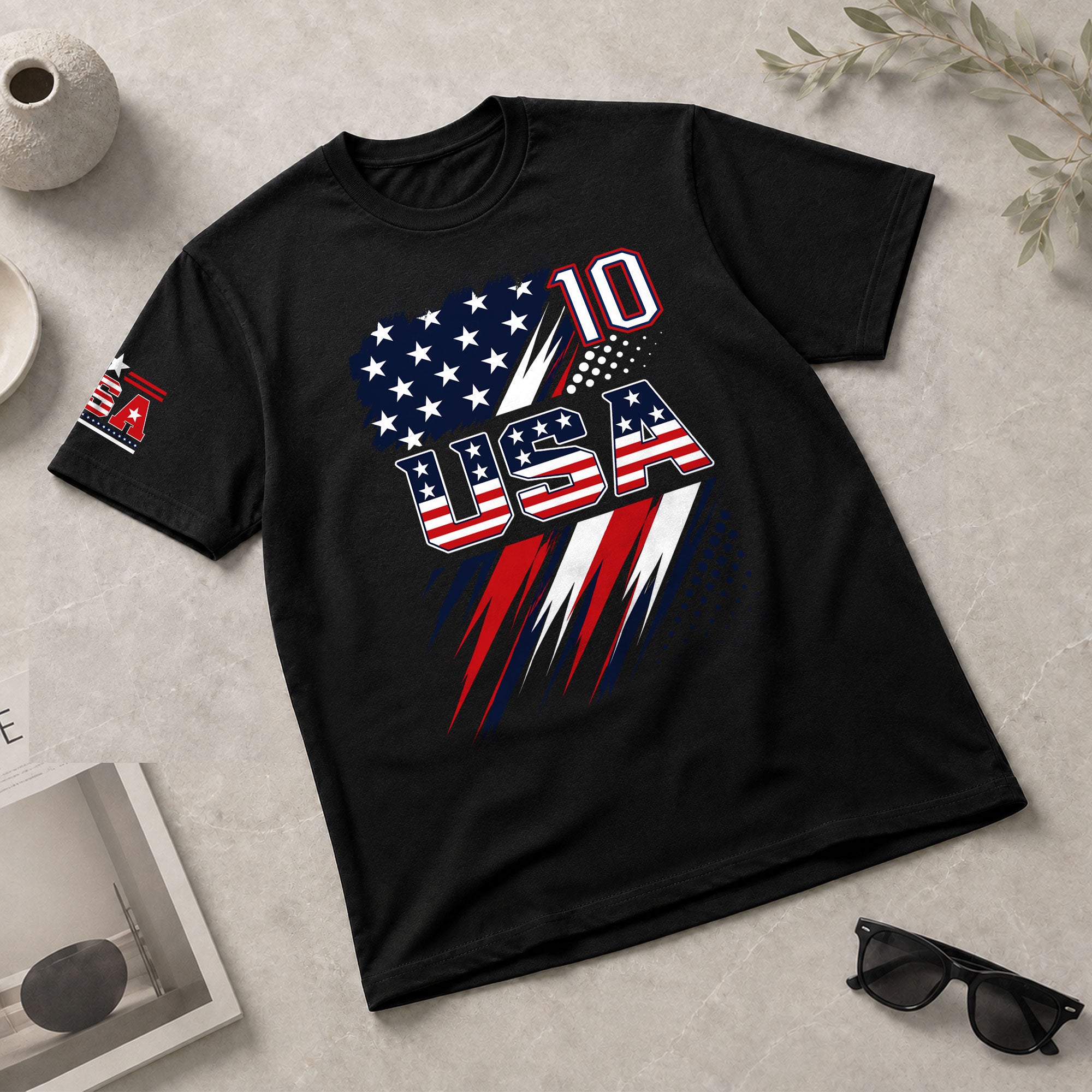 USA Number 10 Sport Tee Patriotic Stars And Stripes Graphic Mens Casual Fashion Shirt - Rust Field Wear