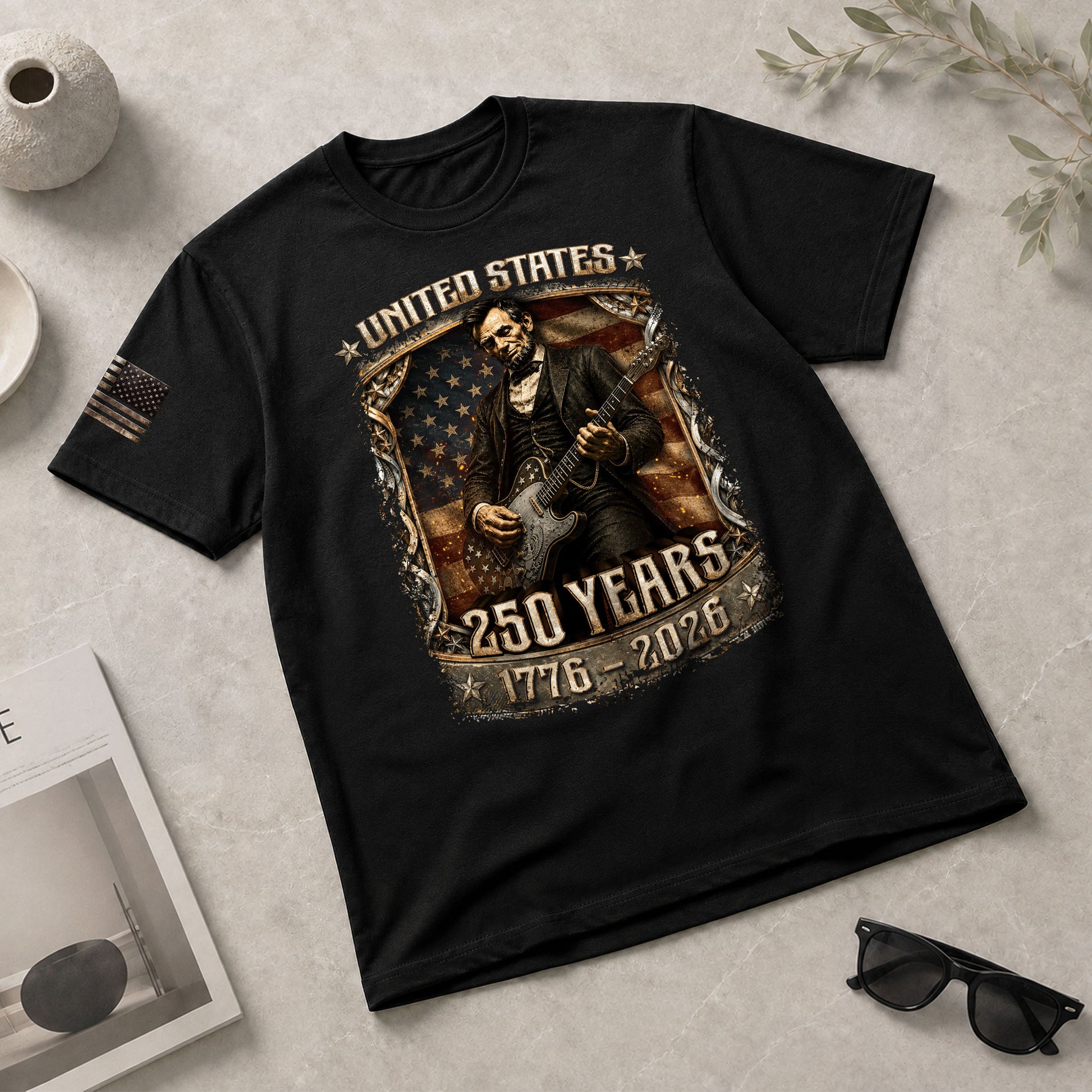 Abraham Lincoln T-Shirt Playing Guitar 1776 2026 Patriotic US Flag Retro Graphic Tee - Rust Field Wear
