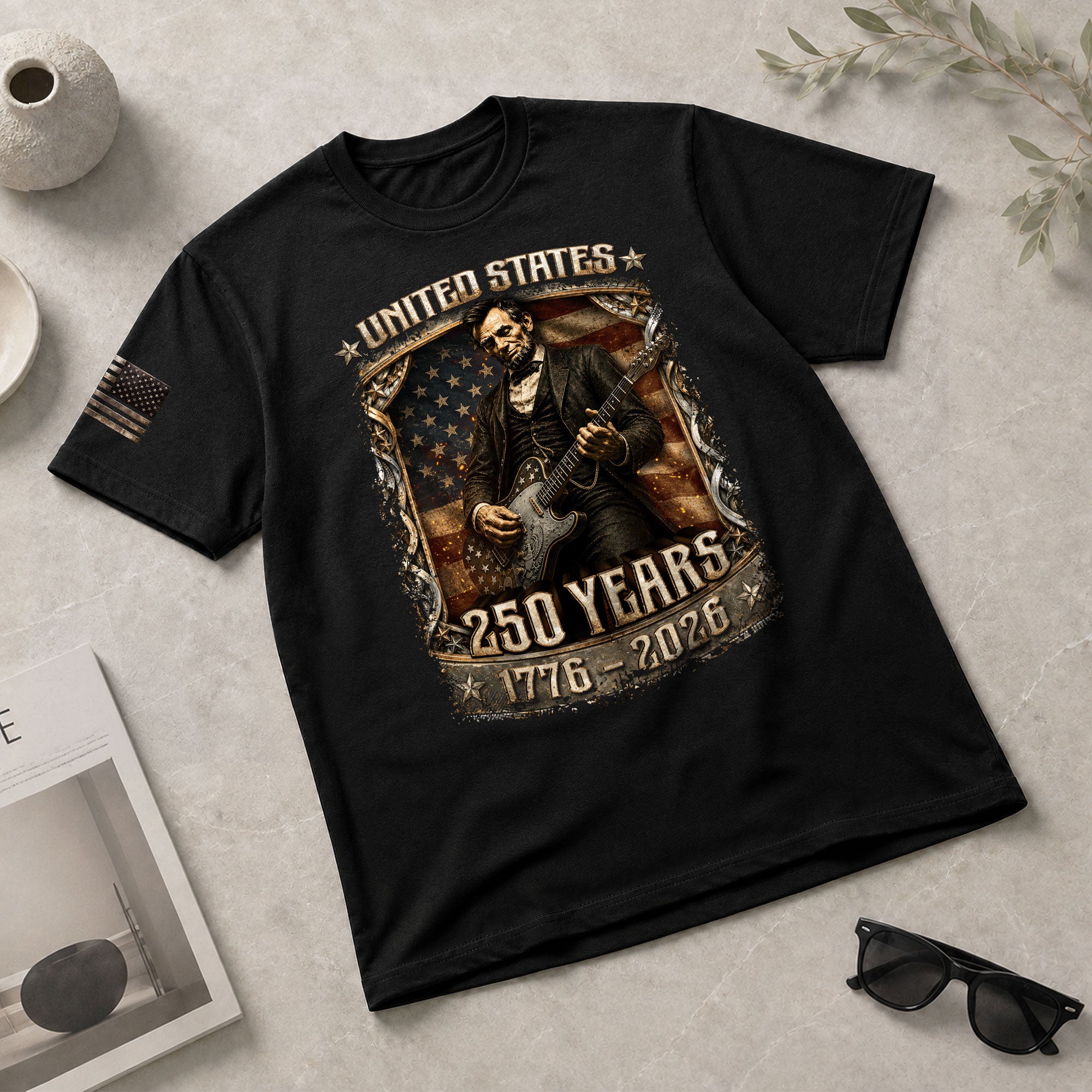 Abraham Lincoln T-Shirt Playing Guitar 1776 2026 Patriotic US Flag Retro Graphic Tee - Rust Field Wear