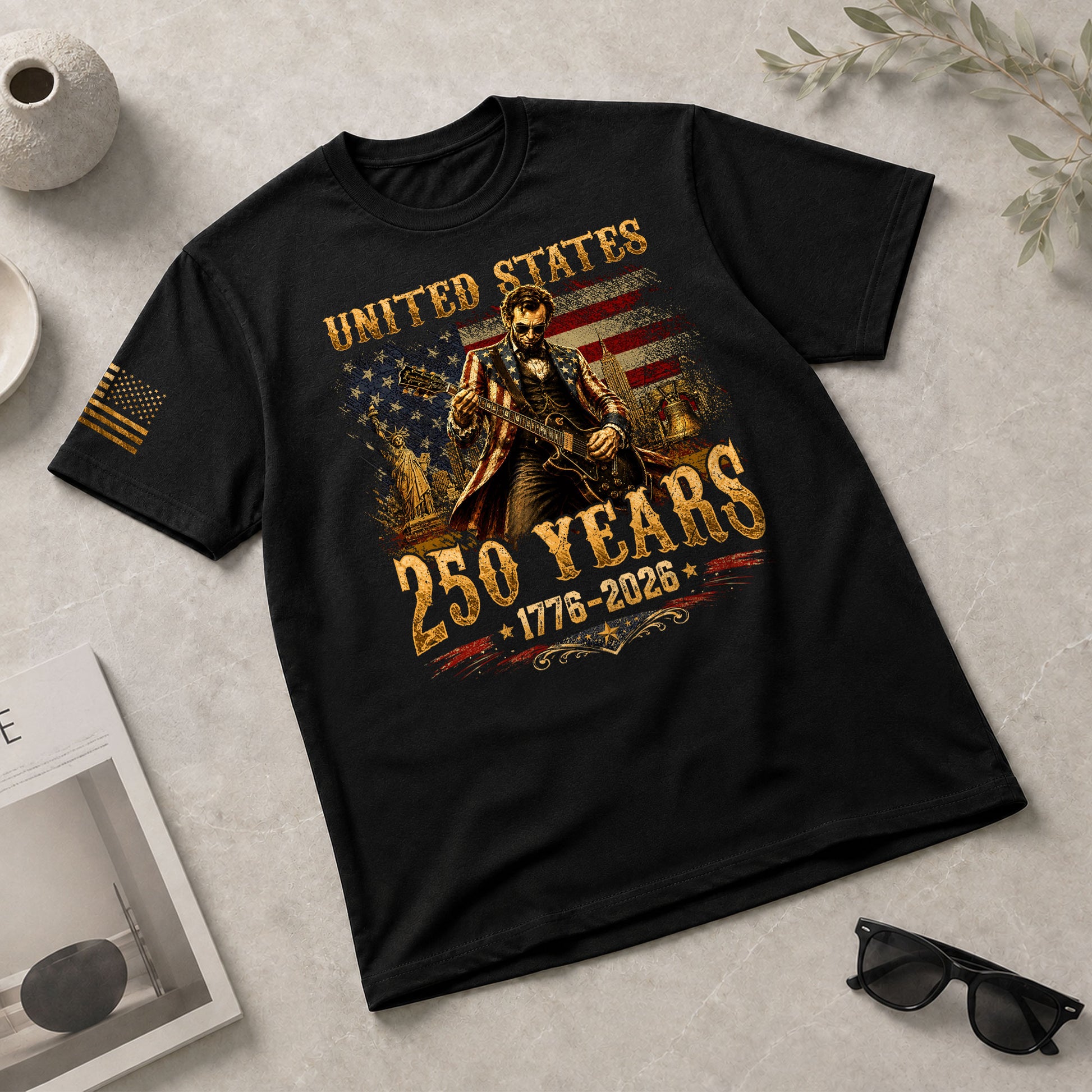 Abraham Lincoln T-Shirt Playing Guitar 1776 2026 Patriotic Statue Liberty Graphic Tee - Rust Field Wear