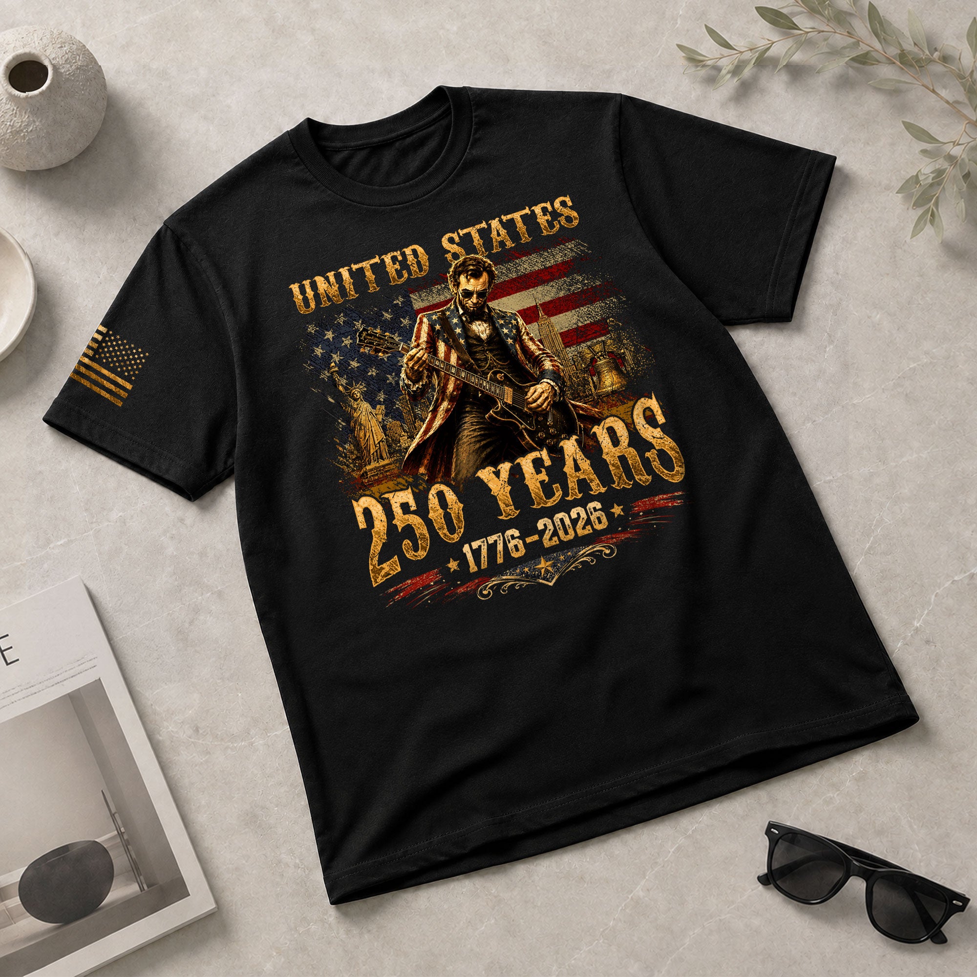 Abraham Lincoln T-Shirt Playing Guitar 1776 2026 Patriotic Statue Liberty Graphic Tee - Rust Field Wear