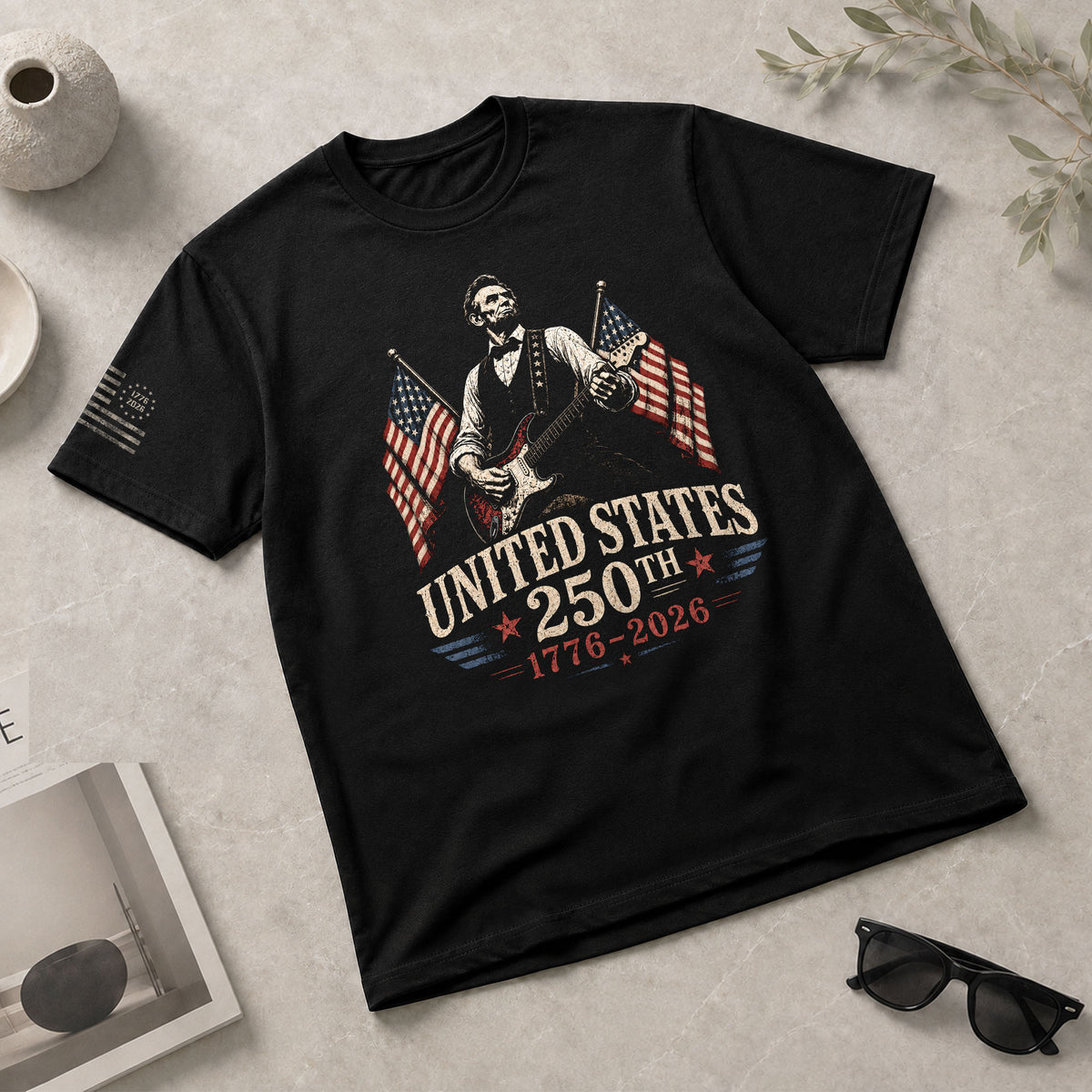 Mens T Shirt Patriotic Abraham Lincoln Guitar 1776-2026 250th Anniversary Rock Tee - Rust Field Wear