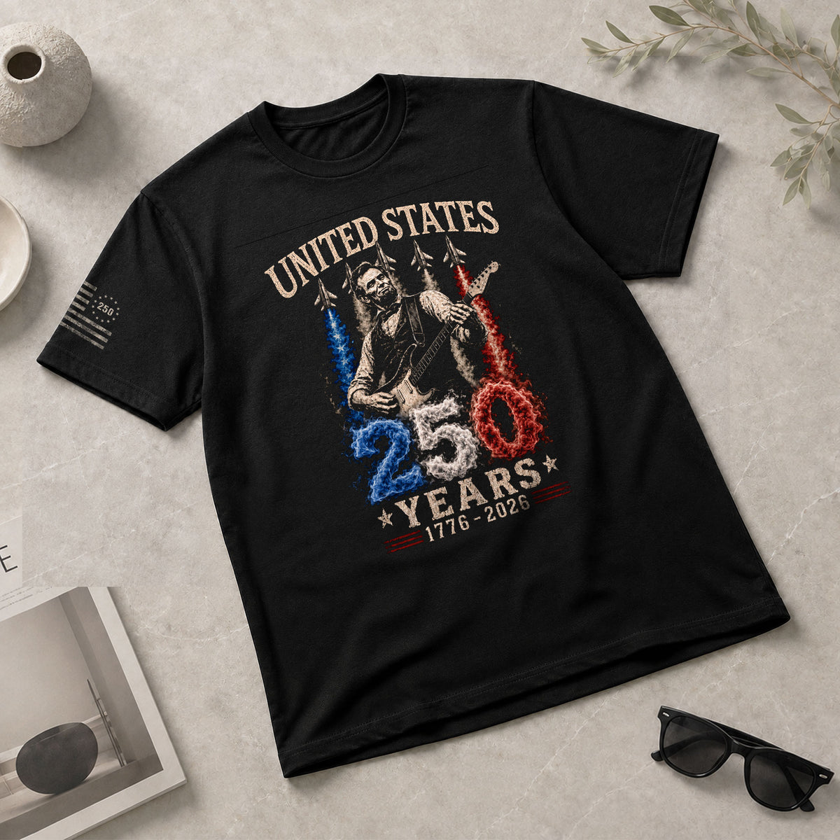 Mens T Shirt Patriotic Abraham Lincoln Guitar 1776-2026 250 Years Fighter Jet Rock Tee - Rust Field Wear