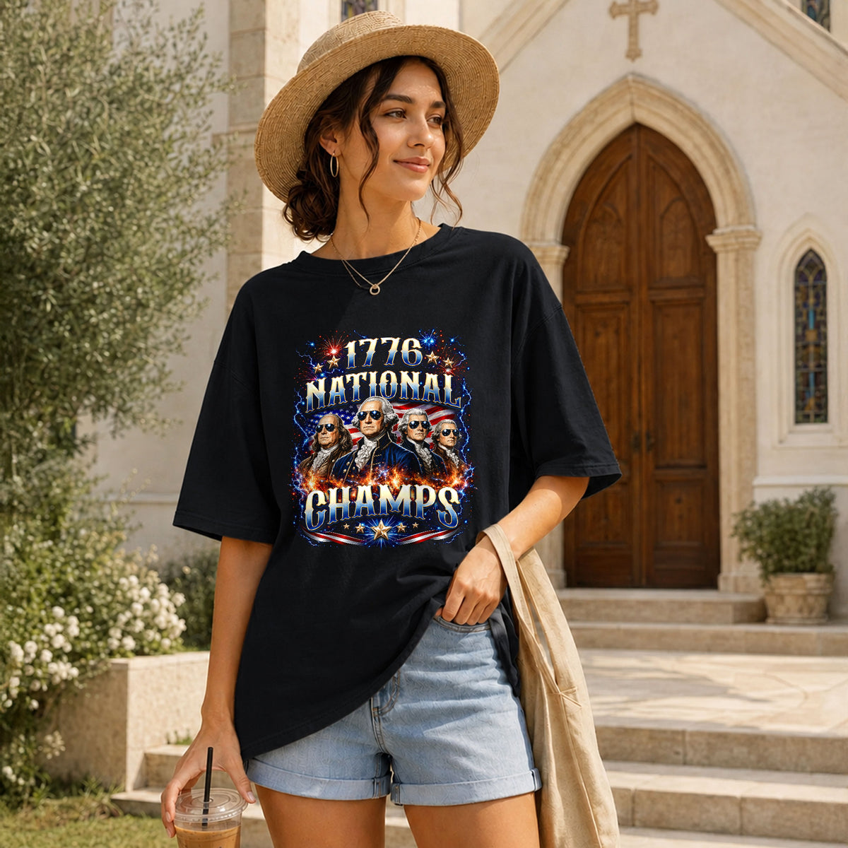 Classic 1776 National Champs Patriotic Graphic T Shirt Vintage Style Cotton Tee Top - Rust Field Wear
