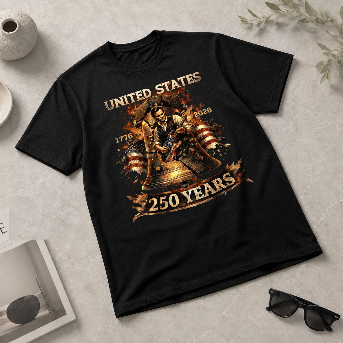 Liberty Bell Guitar Patriotic T-Shirt - Vintage 1776 2026 Historical Graphic Tee - Rust Field Wear