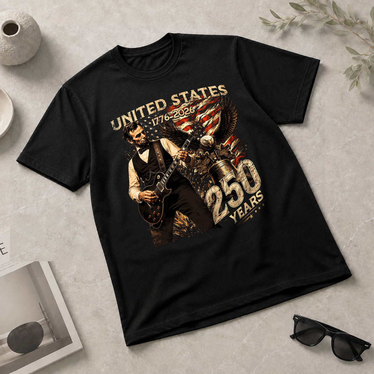 Abraham Lincoln T Shirt Rockstar Guitar Design - Vintage Eagle 1776 2026 Patriotic Tee - Rust Field Wear