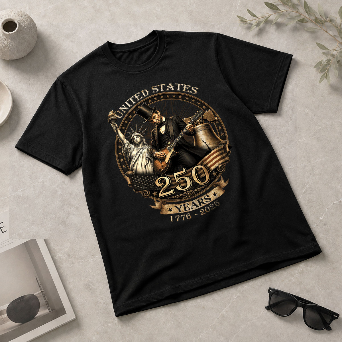 Lincoln Rock Guitar Patriotic T-Shirt - Vintage Statue of Liberty 1776 2026 Apparel - Rust Field Wear