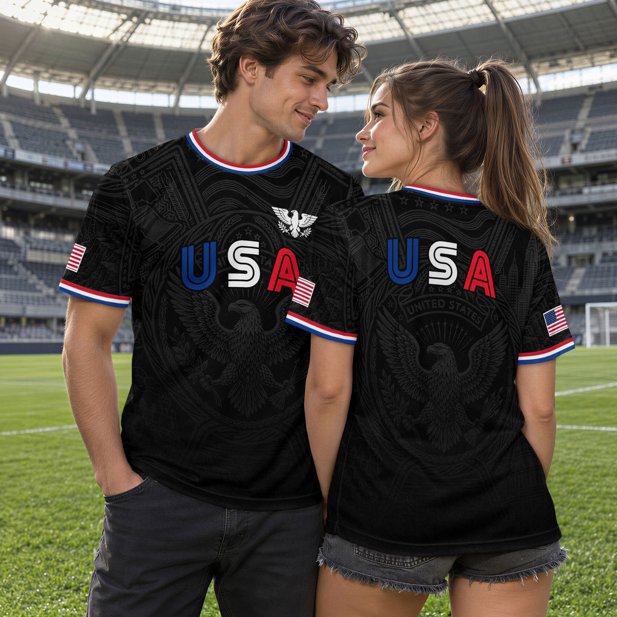 USA Patriotic Soccer Jersey Adult Black Eagle American Flag Independence Day Shirt