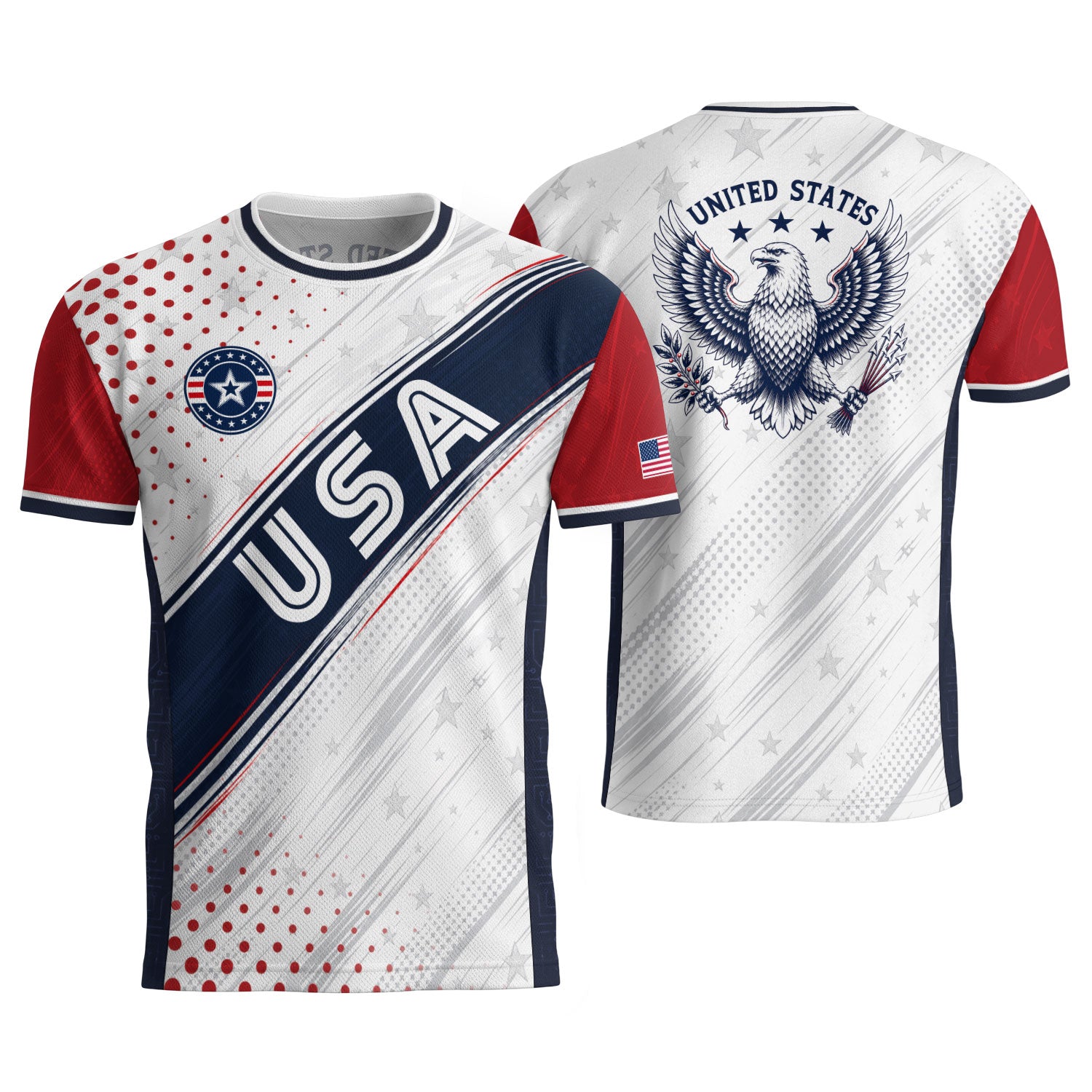 Adult USA Soccer Jersey White Navy Patriotic Diagonal Sash Polka Dot United States Tee