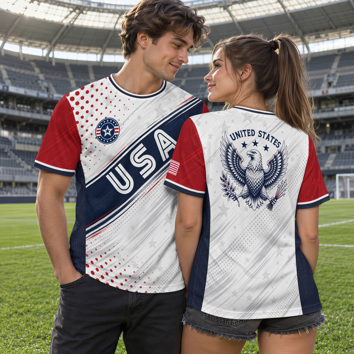 Adult USA Soccer Jersey White Navy Patriotic Diagonal Sash Polka Dot United States Tee - Rust Field Wear