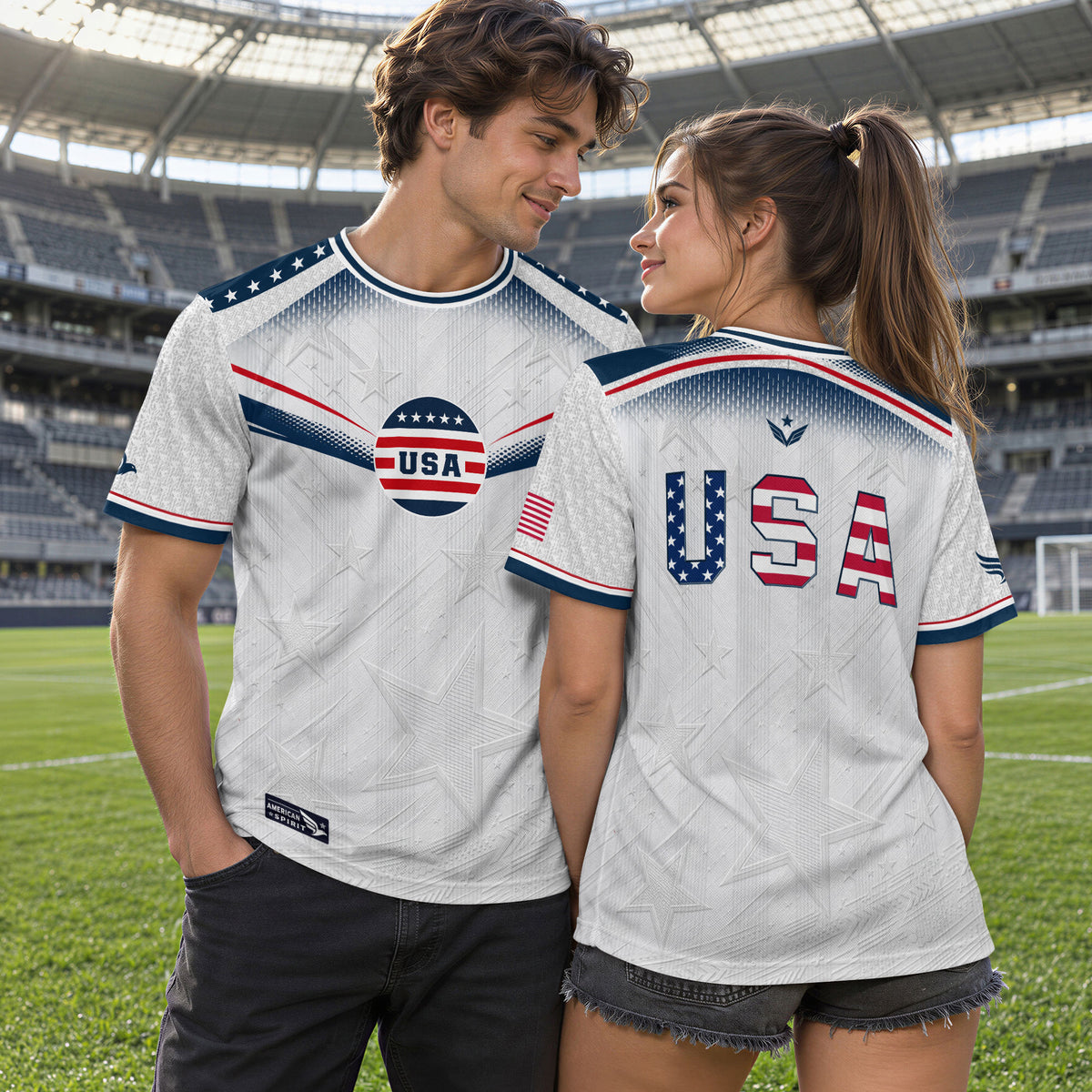 Adult USA Soccer Jersey Patriotic White Flag Pattern Lettering United States Fan Shirt - Rust Field Wear