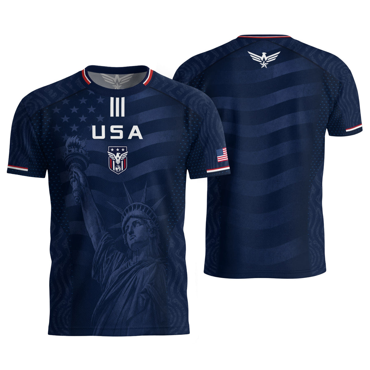 Adult USA Soccer Jersey Navy Patriotic Statue of Liberty Artistic Graphic Football Tee upsale - Rust Field Wear
