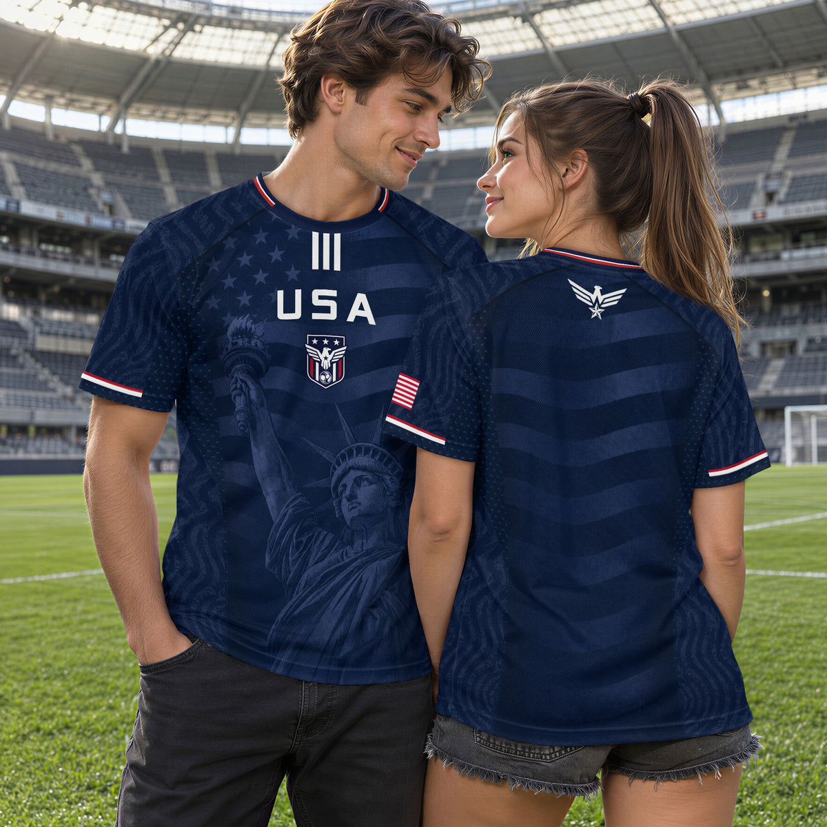 Adult USA Soccer Jersey Navy Patriotic Statue of Liberty Artistic Graphic Football Tee - Rust Field Wear