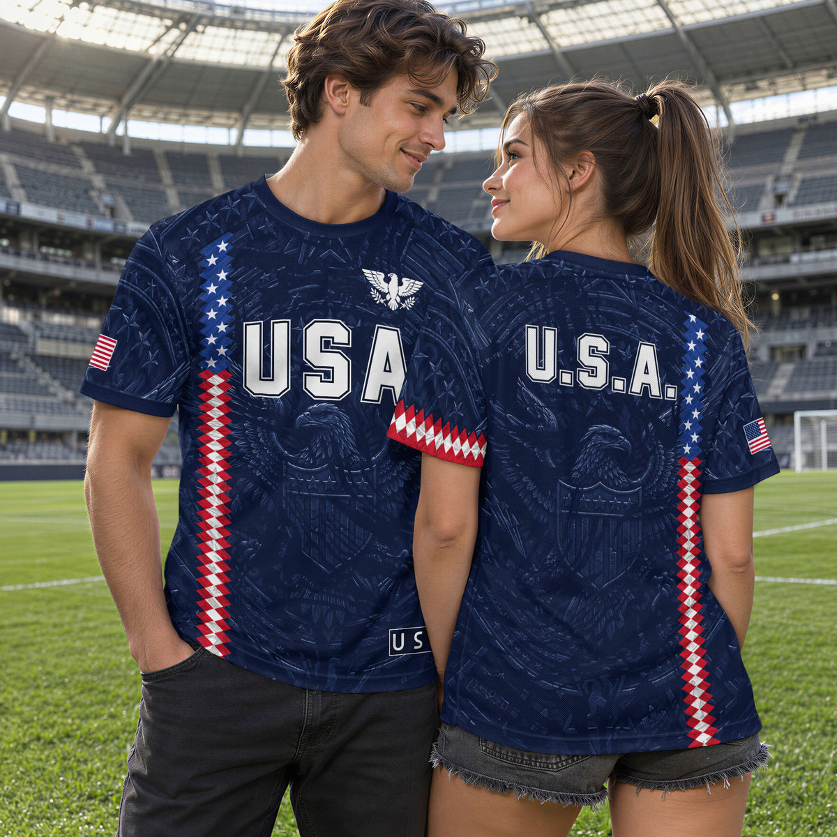USA Soccer Jersey Men Navy Blue Eagle Flag Pattern Patriotic Football Shirt