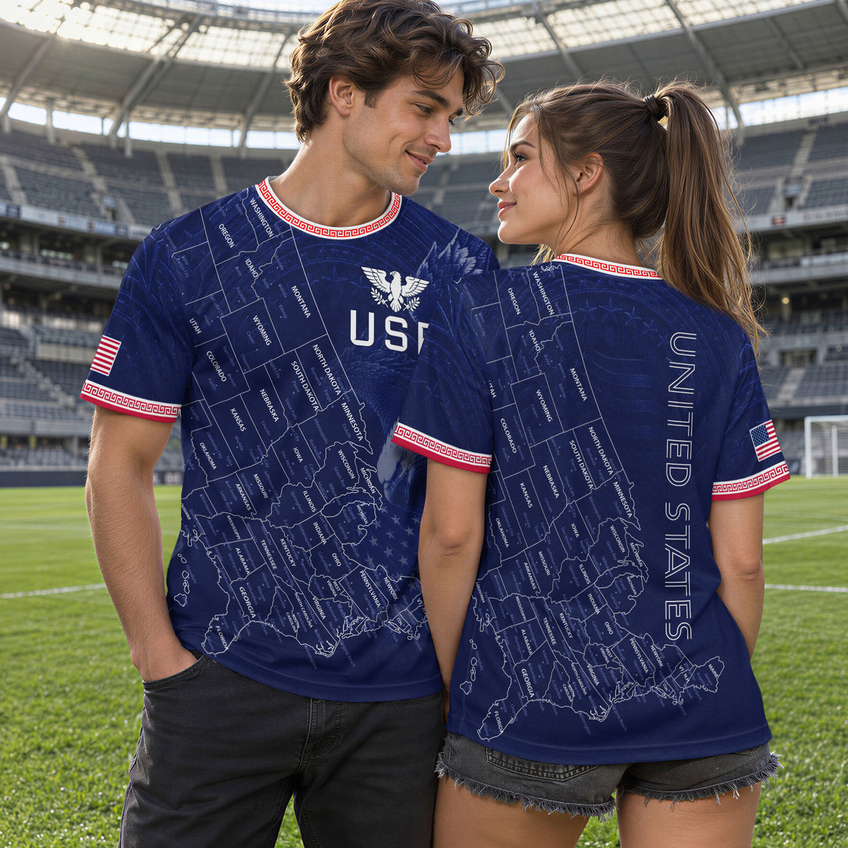 USA Soccer Jersey Men Navy Blue Eagle Map Graphic Patriotic Football T-Shirt