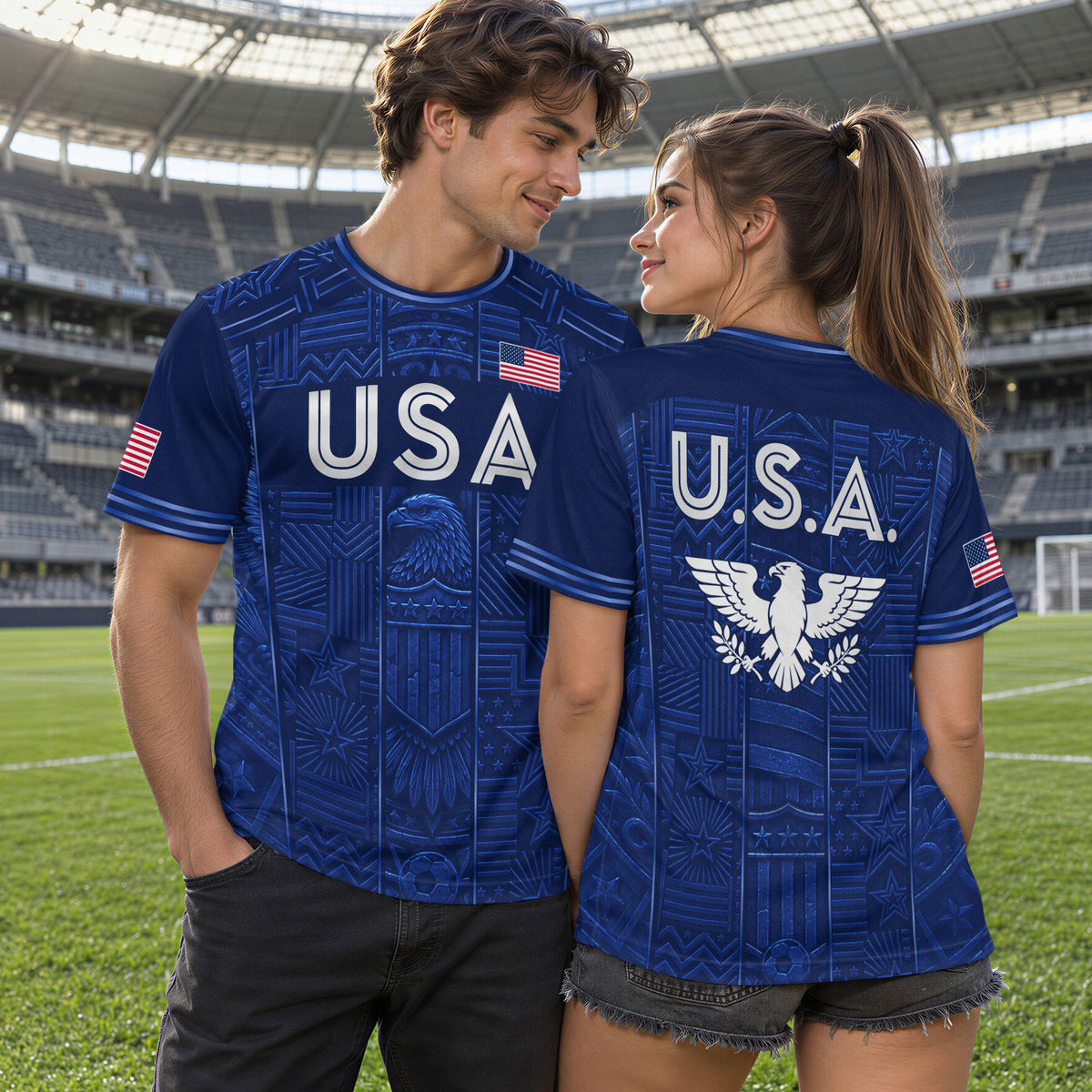USA Soccer Jersey Men Navy Blue Eagle Star Pattern Patriotic Football T-Shirt