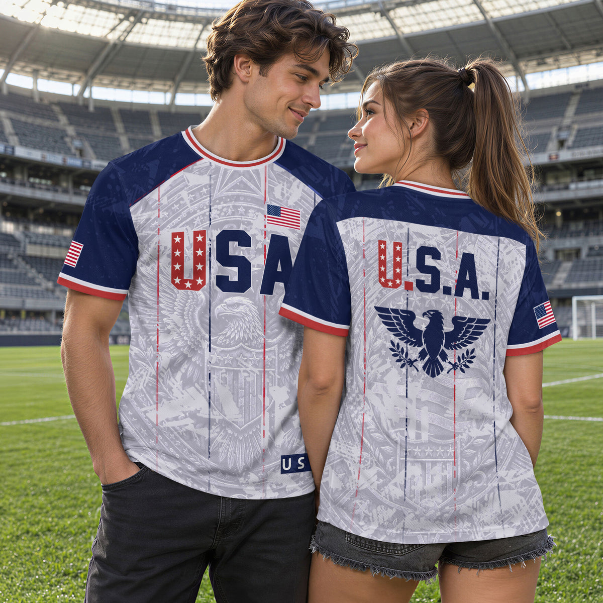 USA Soccer Jersey Men White Patriotic Eagle Team Graphic Football Shirt