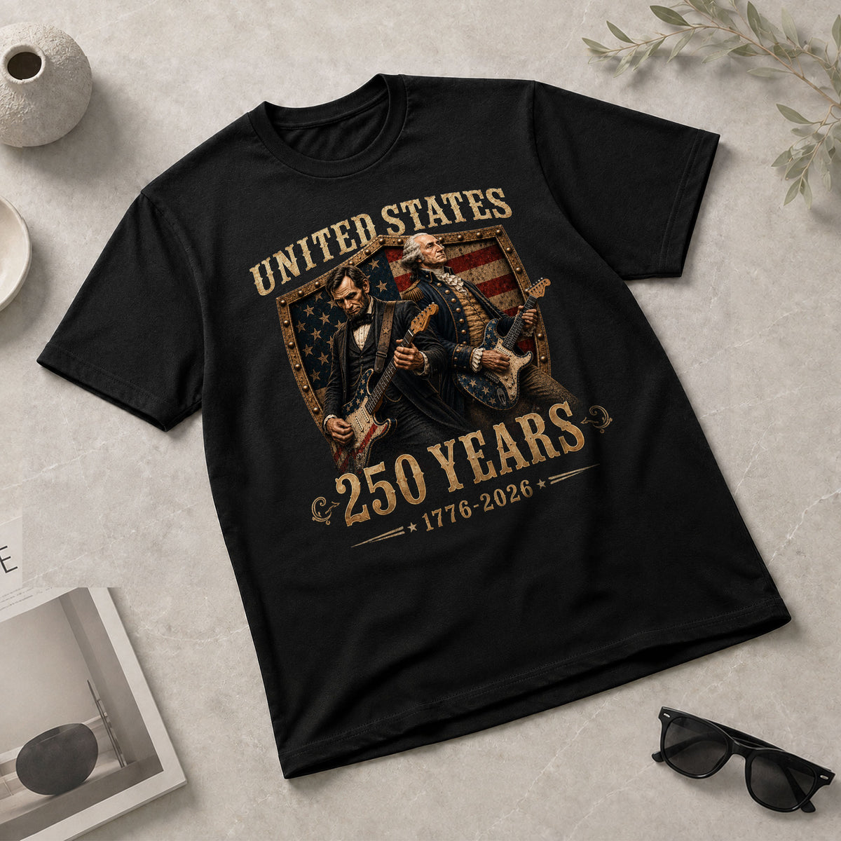 George Washington Abraham Lincoln Guitar T-Shirt 1776-2026 Patriotic 4th Of July Tee - Rust Field Wear