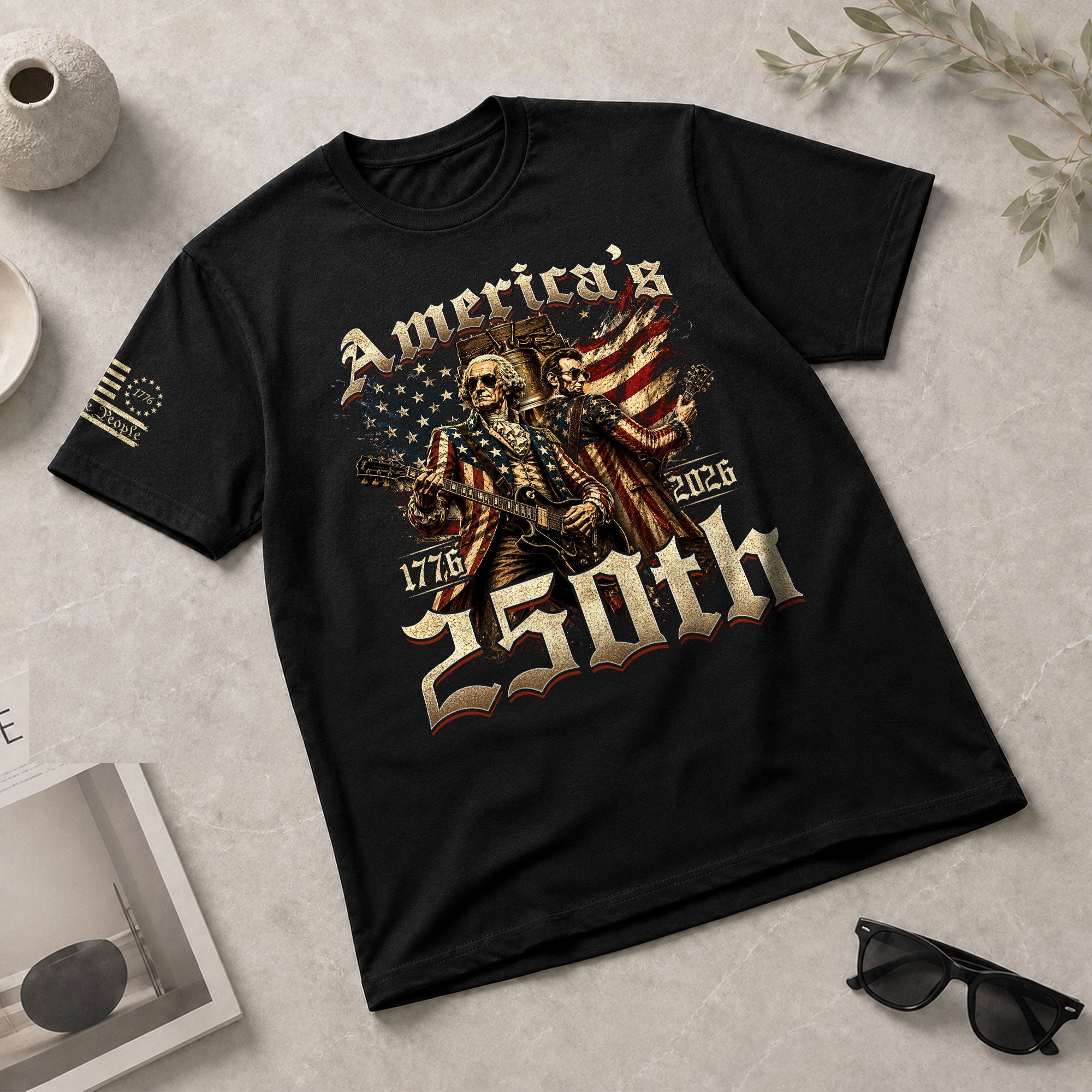 Washington and Lincoln Guitar Shirt 1776-2026 Patriotic Graphic Tee Historical Legacy Apparel - Rust Field Wear