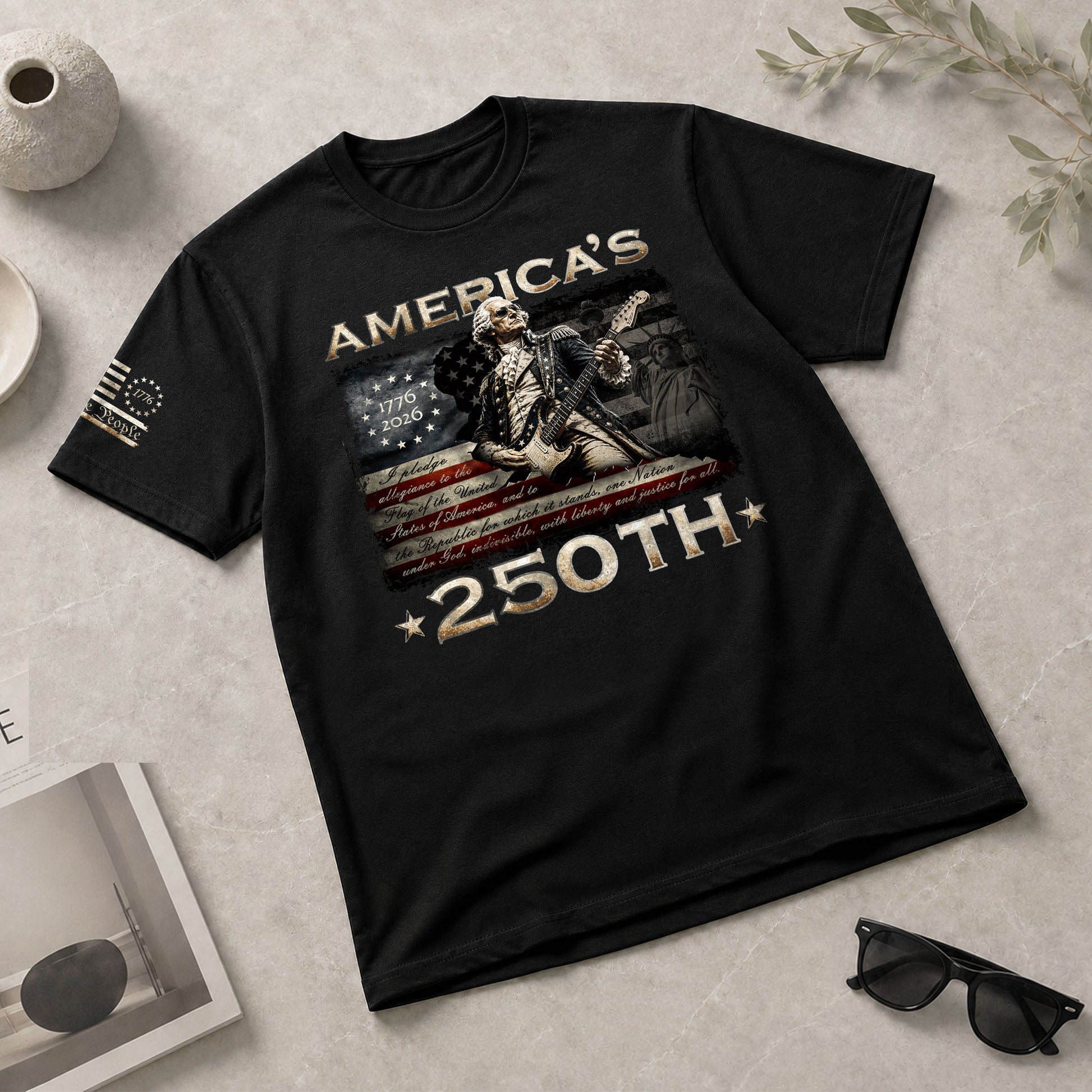 Pledge Allegiance George Washington Guitar Shirt 1776-2026 Patriotic Graphic Tee Apparel - Rust Field Wear