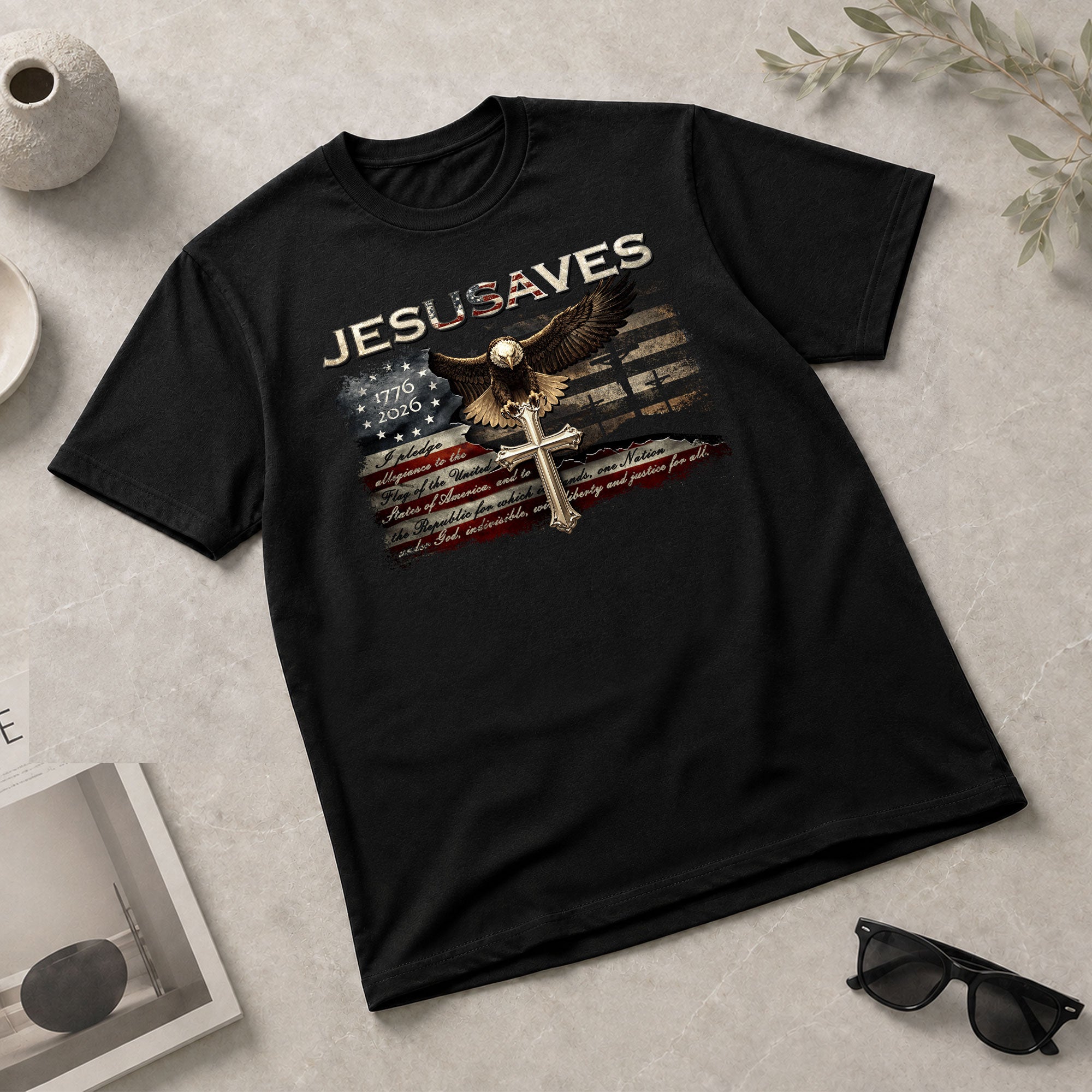 JESUSAVES Graphic T Shirt Patriotic American Eagle Cross Religious Faith Apparel - Rust Field Wear