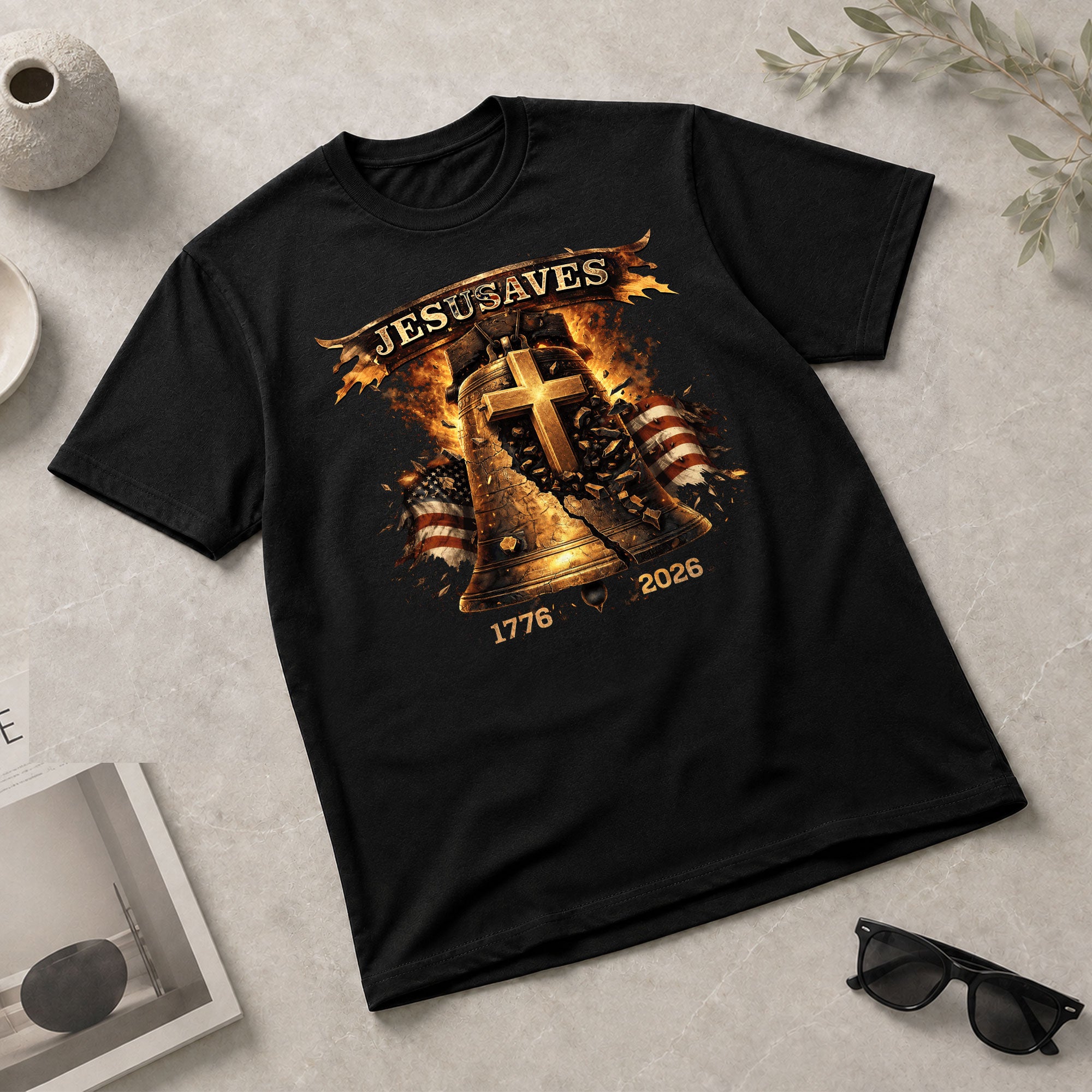 Faith Based JESUSAVES USA Flag Liberty Bell Graphic Tee 1776 to 2026 Commemorative Top - Rust Field Wear