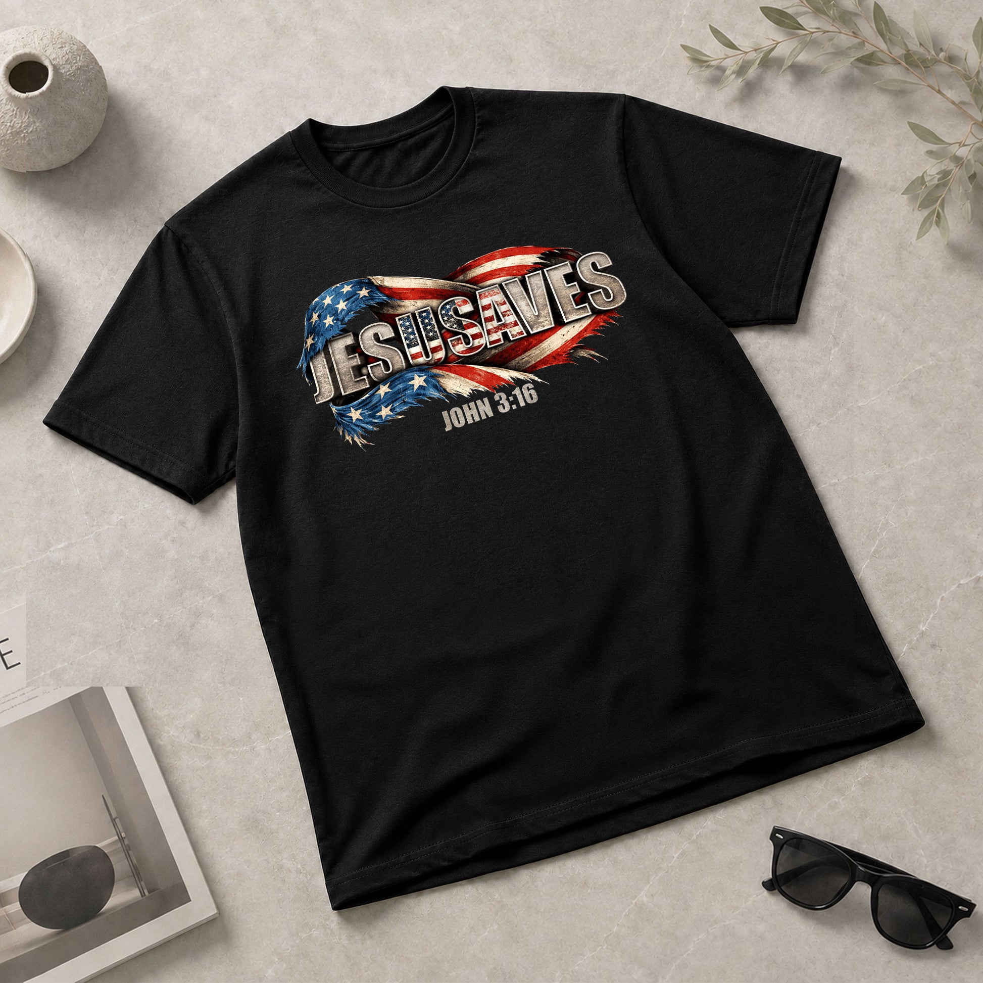 Distressed Flag JESUSAVES Graphic T Shirt John 3 16 Spiritual Patriotic Cotton Top - Rust Field Wear