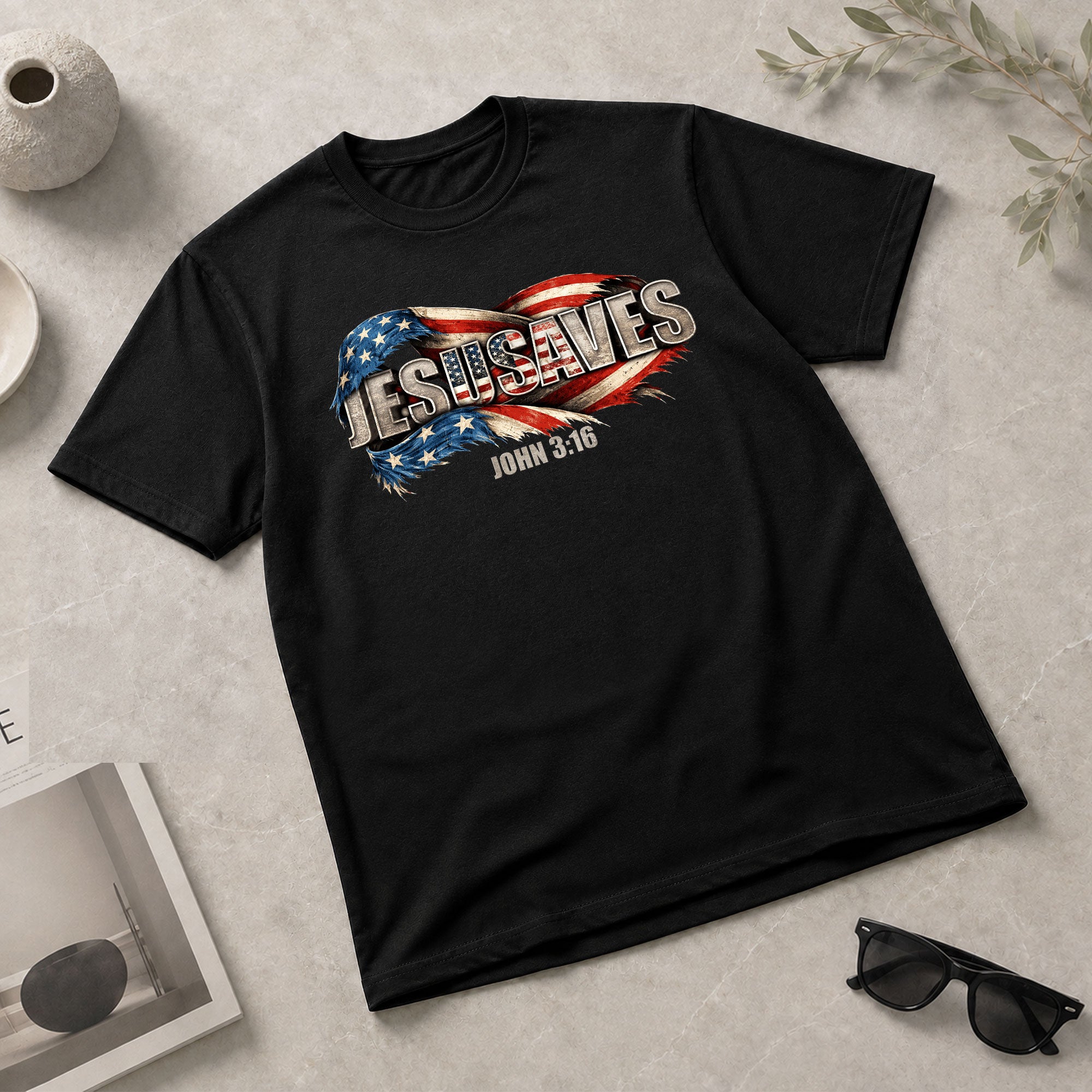 Distressed Flag JESUSAVES Graphic T Shirt John 3 16 Spiritual Patriotic Cotton Top - Rust Field Wear