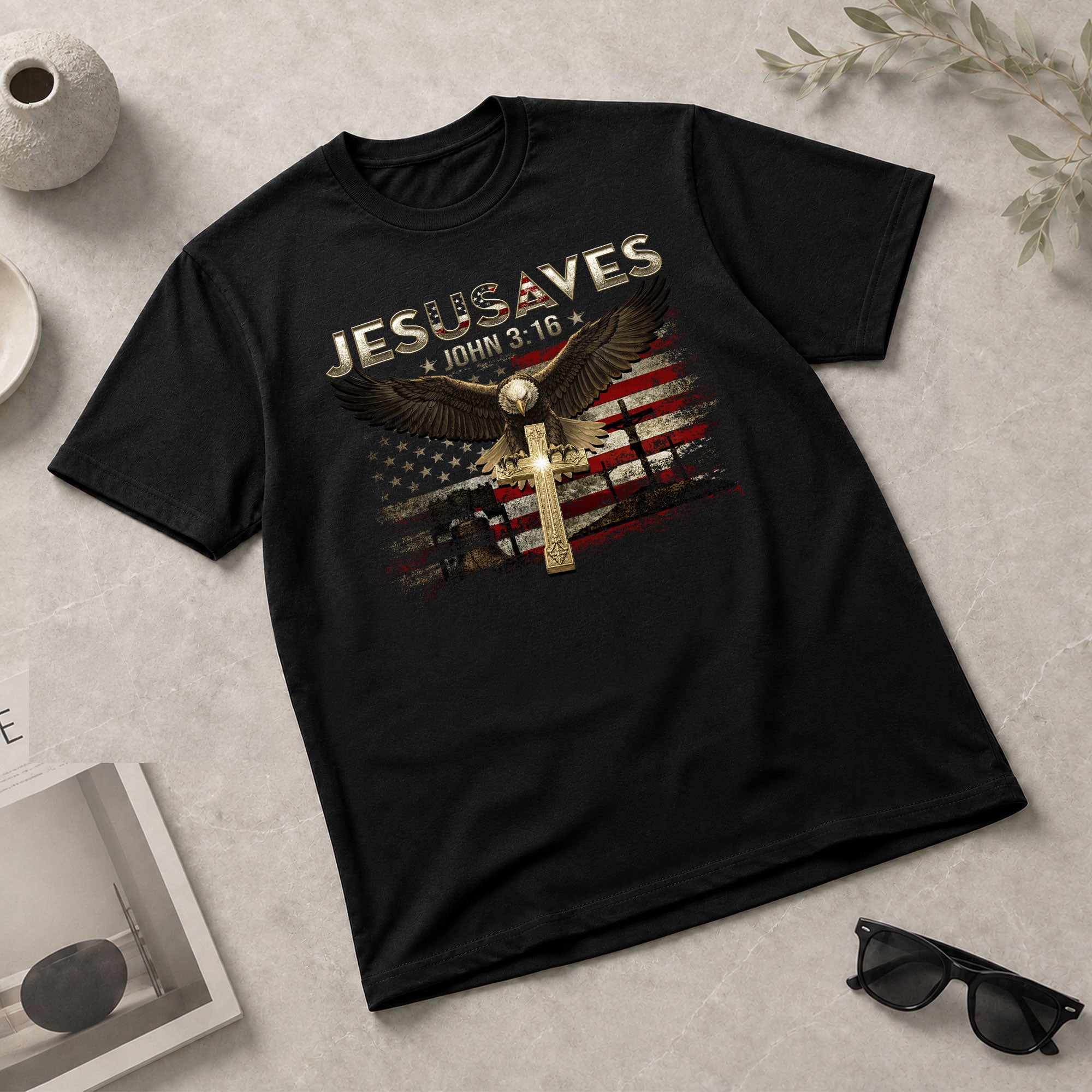 American Eagle JESUSAVES John 3 16 T Shirt Patriotic Religious Faith Graphic Cotton Tee - Rust Field Wear