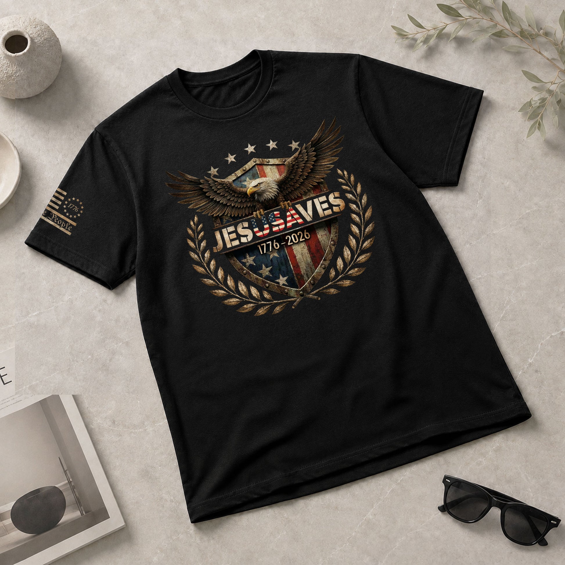 JESUSAVES 1776-2026 T-Shirt Patriotic American Eagle Graphic Tee - Classic Apparel Item - Rust Field Wear