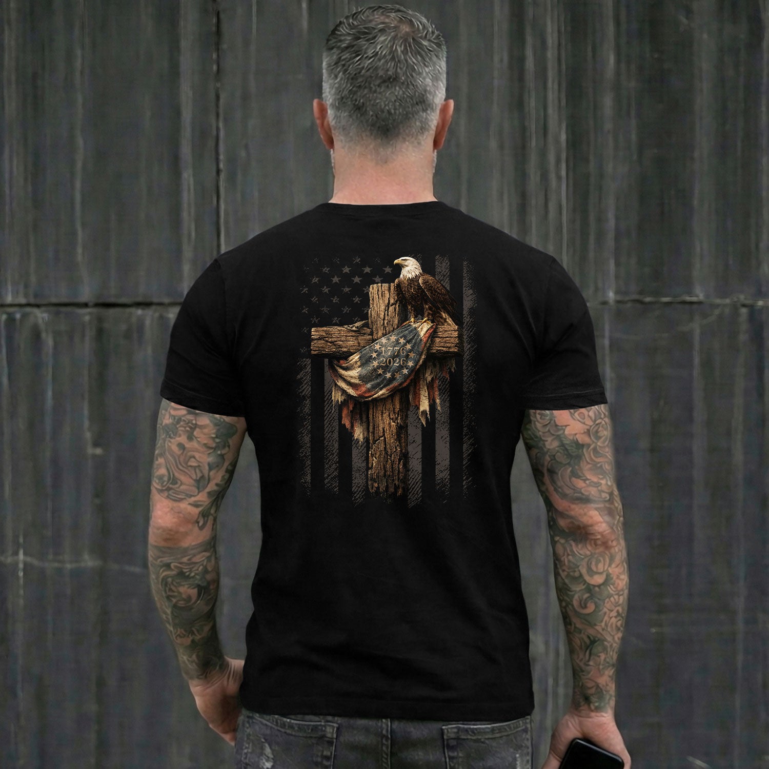 Patriotic JESUSAVES 1776-2026 Eagle T-Shirt American Flag Design - Versatile Apparel - Rust Field Wear