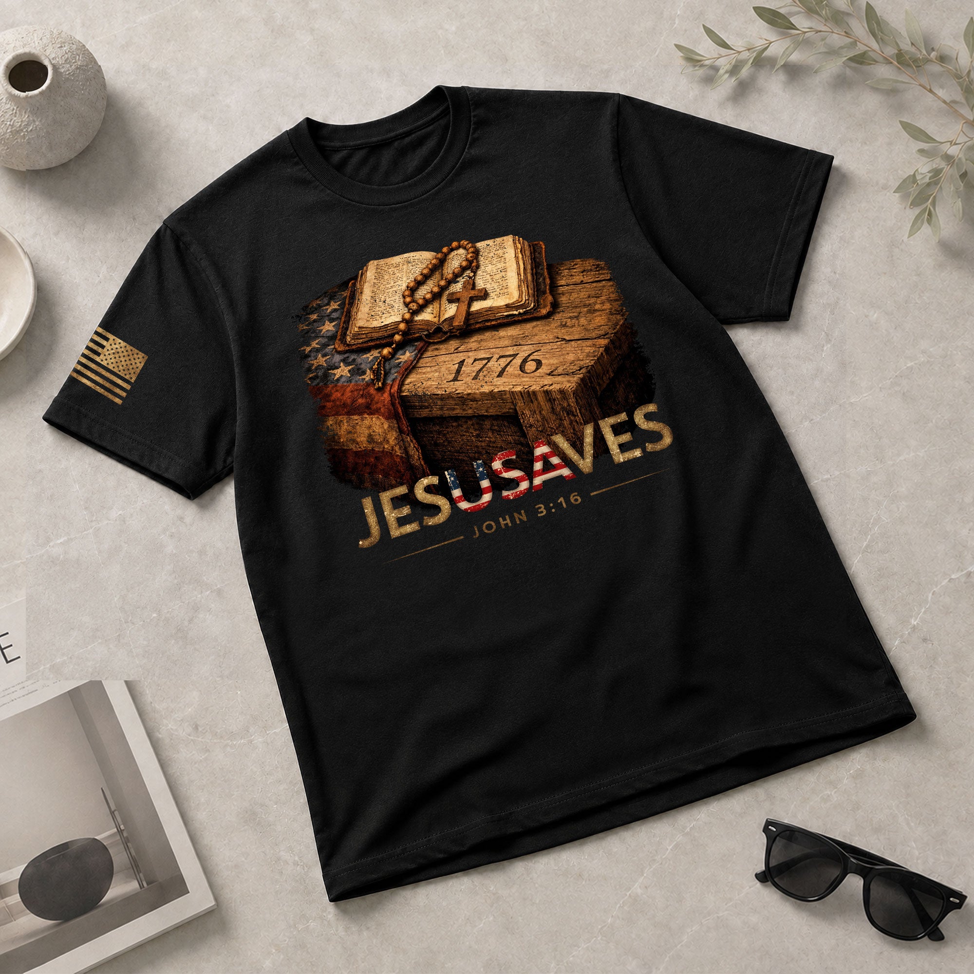 JESUSAVES 1776 Patriotic T-Shirt - Vintage American Flag Graphic Tee - Casual Apparel - Rust Field Wear